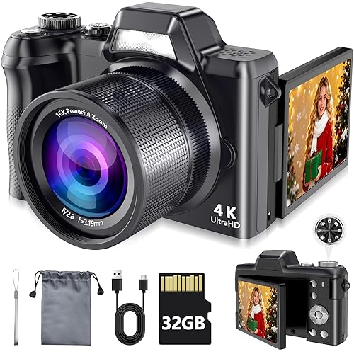 4K Digital Camera for Photography & Vlogging, 56MP Point and Shoot Digital Cameras with 180° Flip Screen, 16X Zoom Compact Travel Camera, Portable Cámara for Adults & Beginners with 32GB SD Card