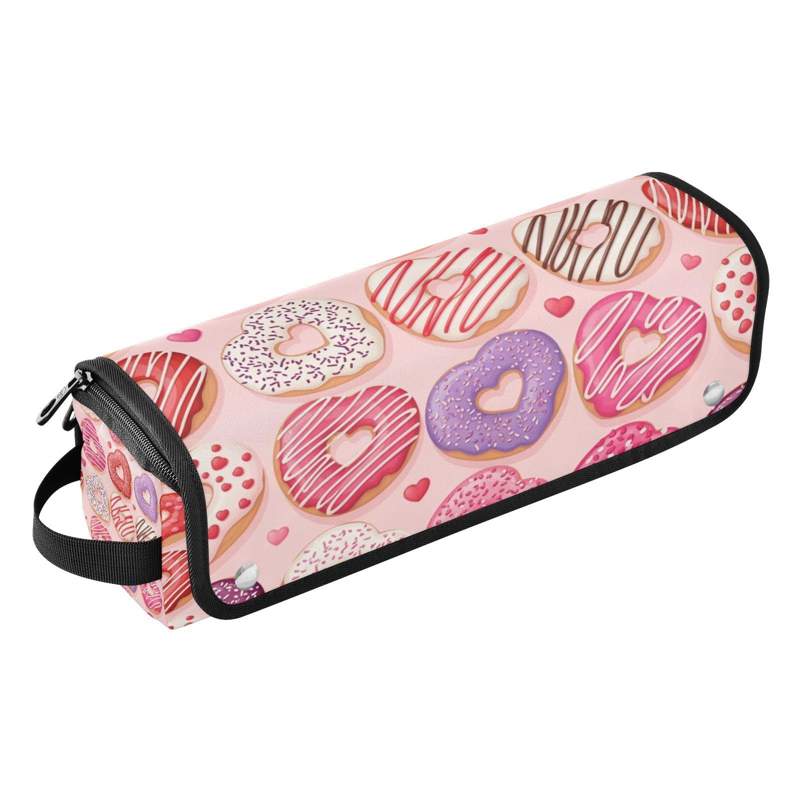 Heart Donut Valentines Hair Tools Travel Bag Portable Hair Accessory Organizer with Heat Resistant Mat 2 in 1