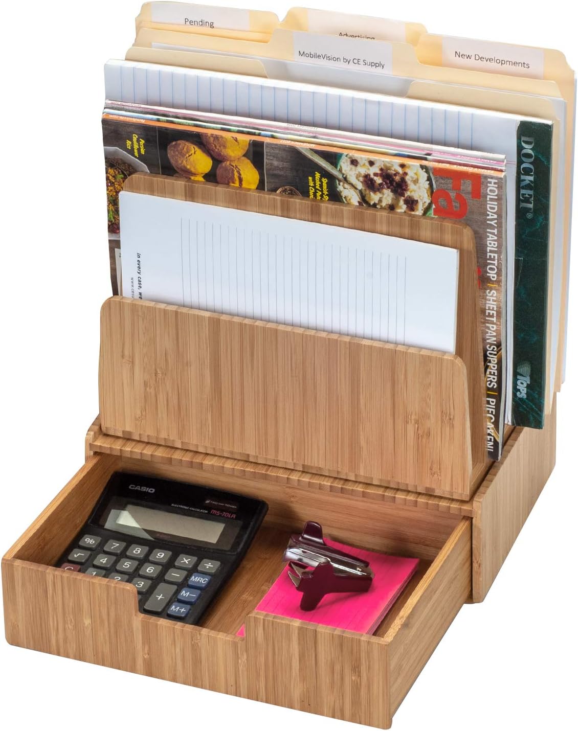 Bеѕt Dеаl Prоduсt Desktop Paper Tray File Folder Holder 5-Slot, & Bamboo Drawer Set; Storage for Office Supplies & Stationary items, pens, pencils, scissors, notepads, business cards and more