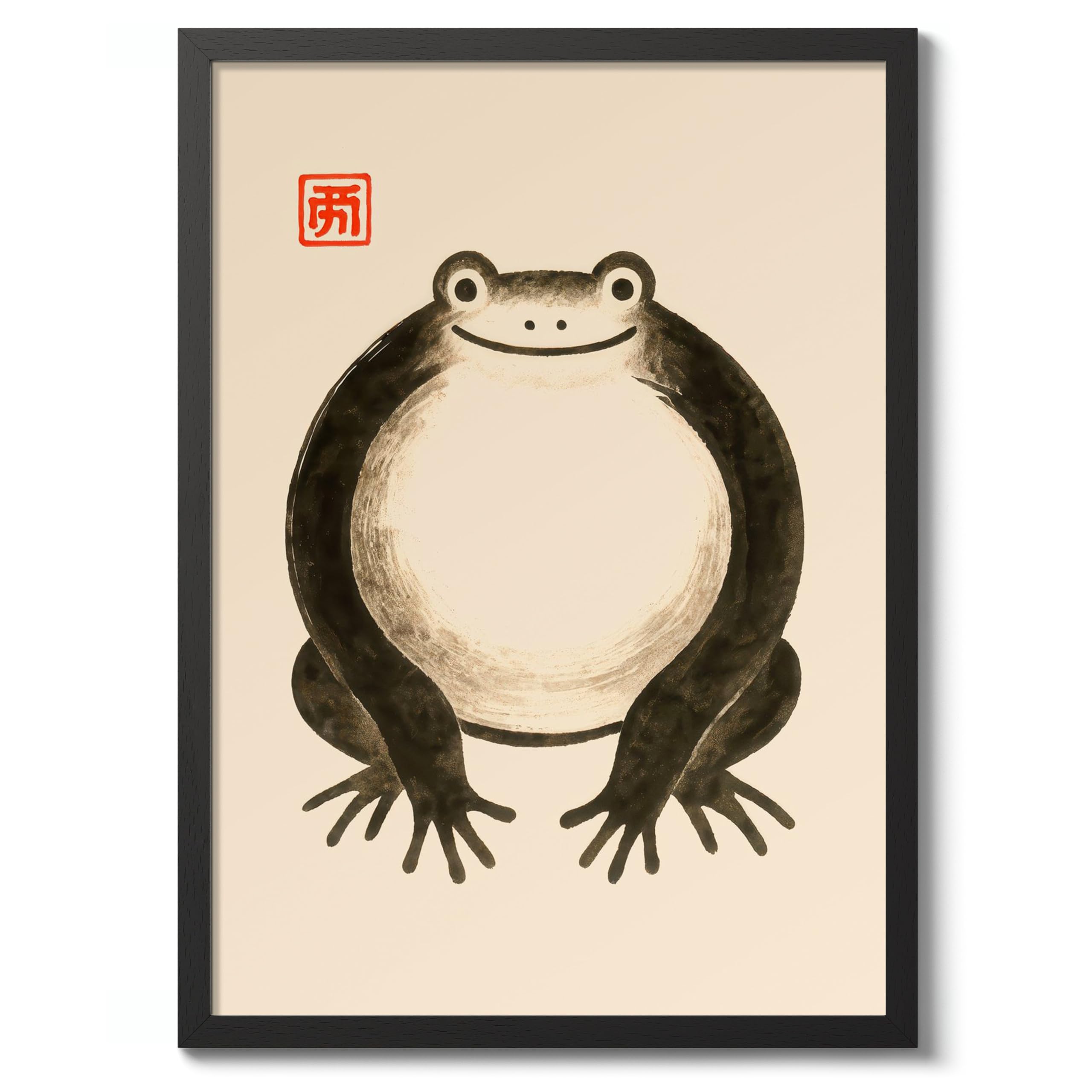 Happy Frog Poster, Japanese Woodblock Painting, Matsumoto Hoji Style Wall Art, A2 (Black Frame) - 62.5x45.1cm