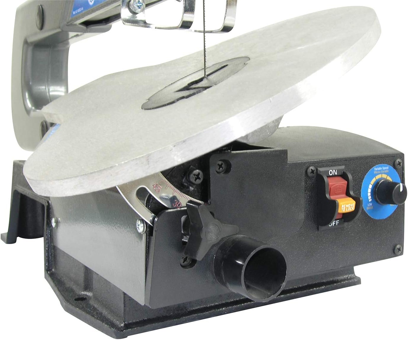 Scroll saw table tilted for angle cutting