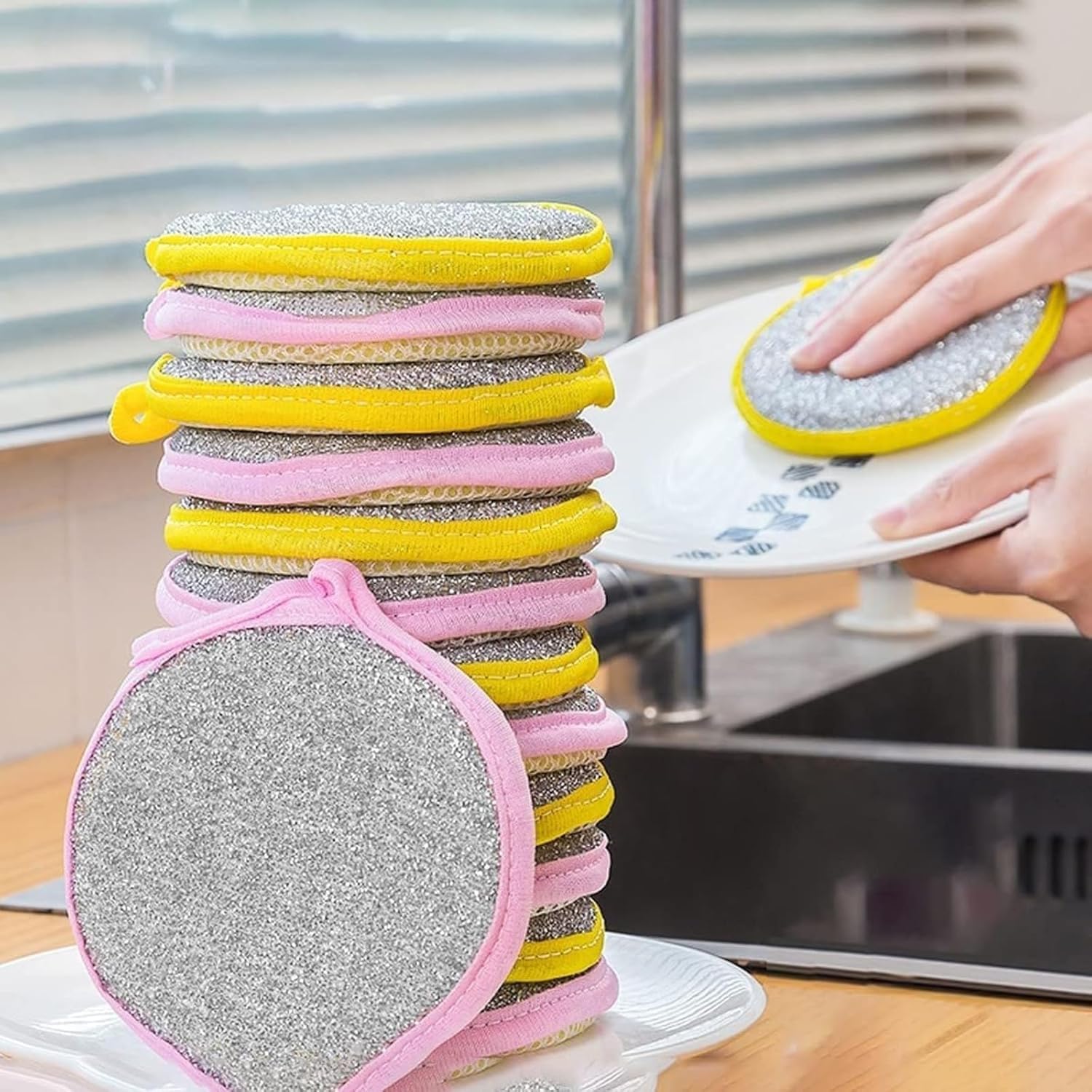 AJKN 2-in-1 Dishwashing Scrub & Sponge, Multi-Purpose Dual-Textured Kitchen Cleaner, Durable, Easy-to-Use Multi-Color Sponge for Dishes, Cookware, and Surfaces [ Pack of 5 Piece ]-picture-17