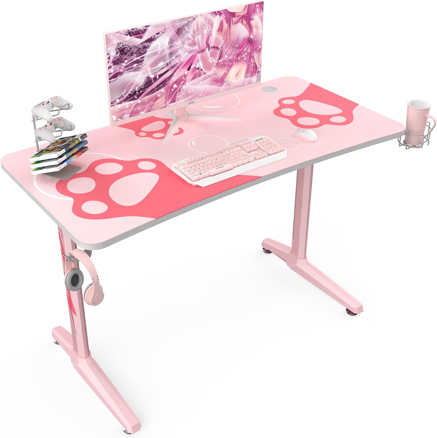 It's_Organized Pink Gaming Desk,47 inch Home Study Desk, Sturdy T-Shaped with Cup Holder Headphone Hook Controller Stand, Pink Desk Gift for Girl