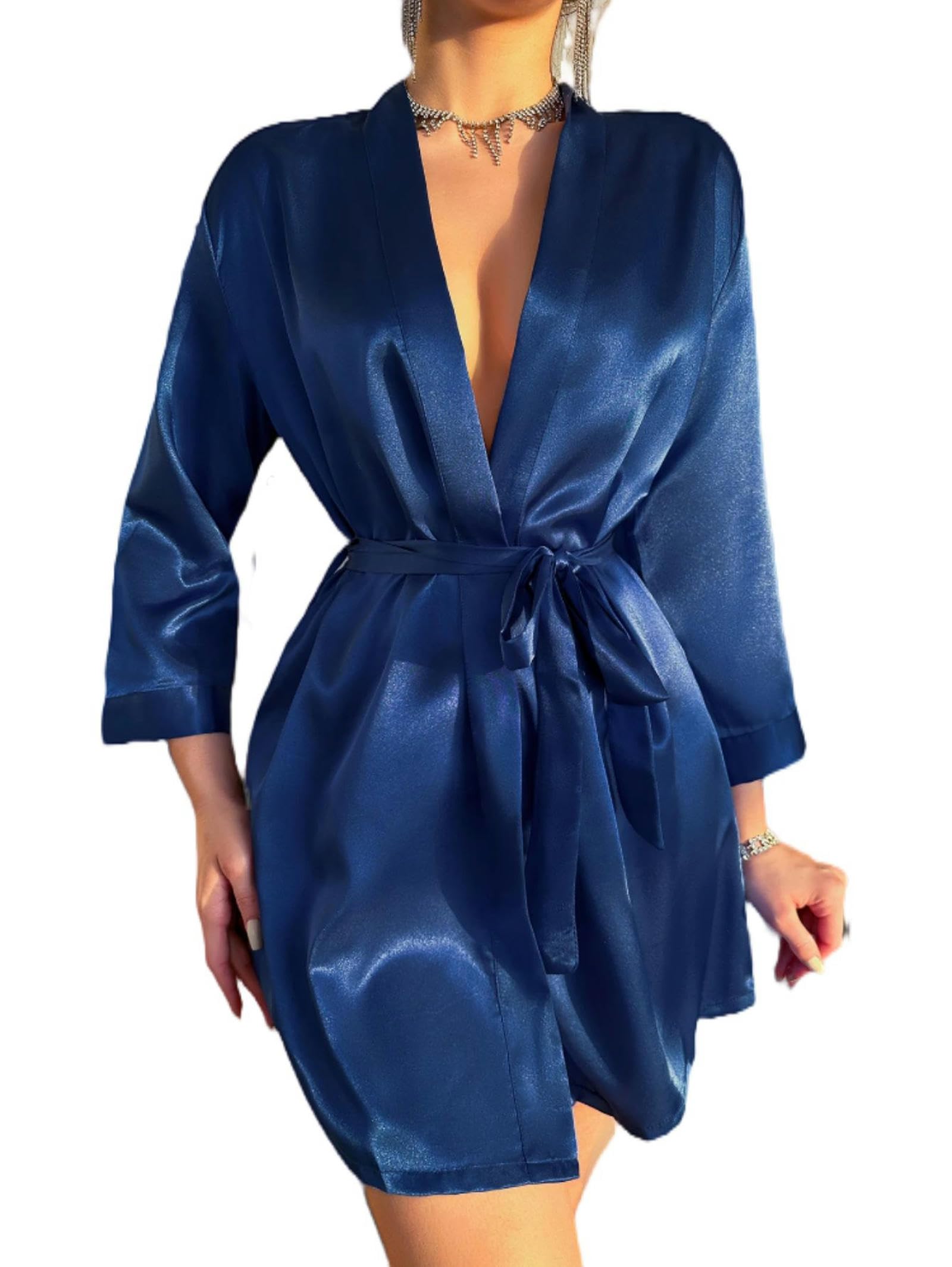 Pyjama femme été bleu marine taille M : robe de maison en soie glacée