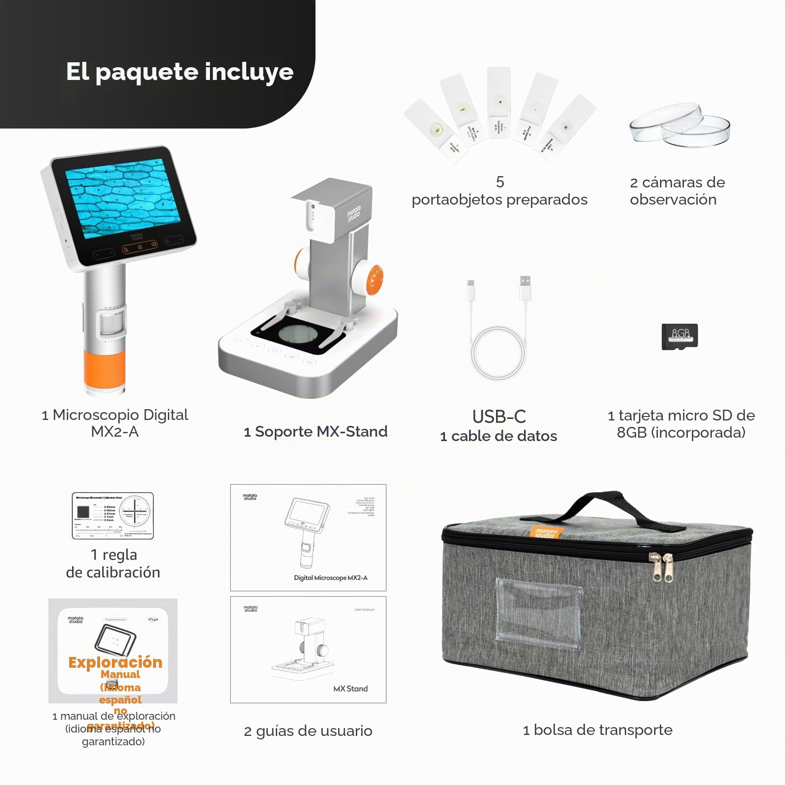 4.3" Microscopio Portátil para Niños, MatataStudio MX2-AS 2-en-1 Microscopio Digital de Mano para Niños 1600x Mini Microscopios de Bolsillo Infantil Microscopios USB WiFi con Video Foto Luces LED