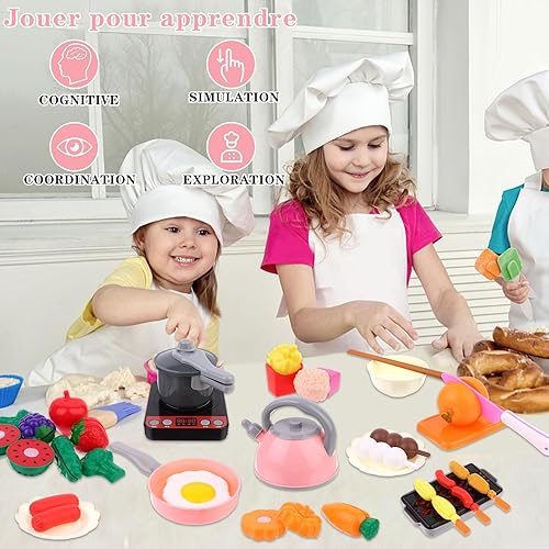 Miniatura 6 de Juego de 94 piezas de accesorios de cocina, juegos de comida para niños de 3 a 4 años, juego de cocina con ollas, sartenes, frutas, verduras, cesta
