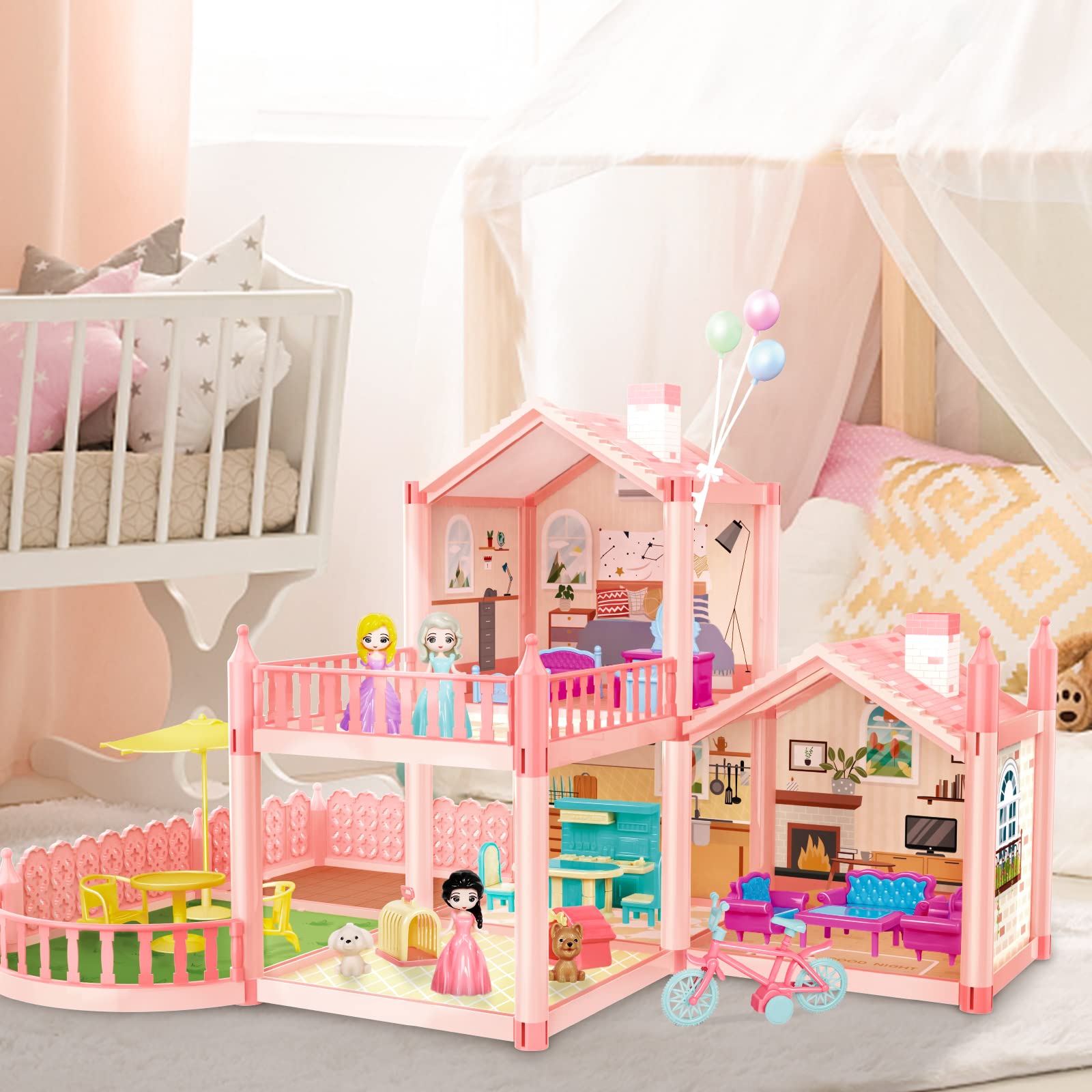 deAO Casa delle Bambole con Mobili e Accessori,Casetta Bambole con 2 Piani, 3 Camere da Letto, Balcone, 3 Bambole, 17 Mobili, Biciclette,Regalo per Bambina per 3 4 5 6 7 8 Anni, LY233-03