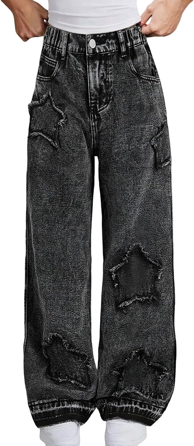 Cute Star Jeans for Teen Girls Baggy Straight Wide Leg Distressed Denim Pants Trendy Y2k Loose Fit Trousers with Pockets