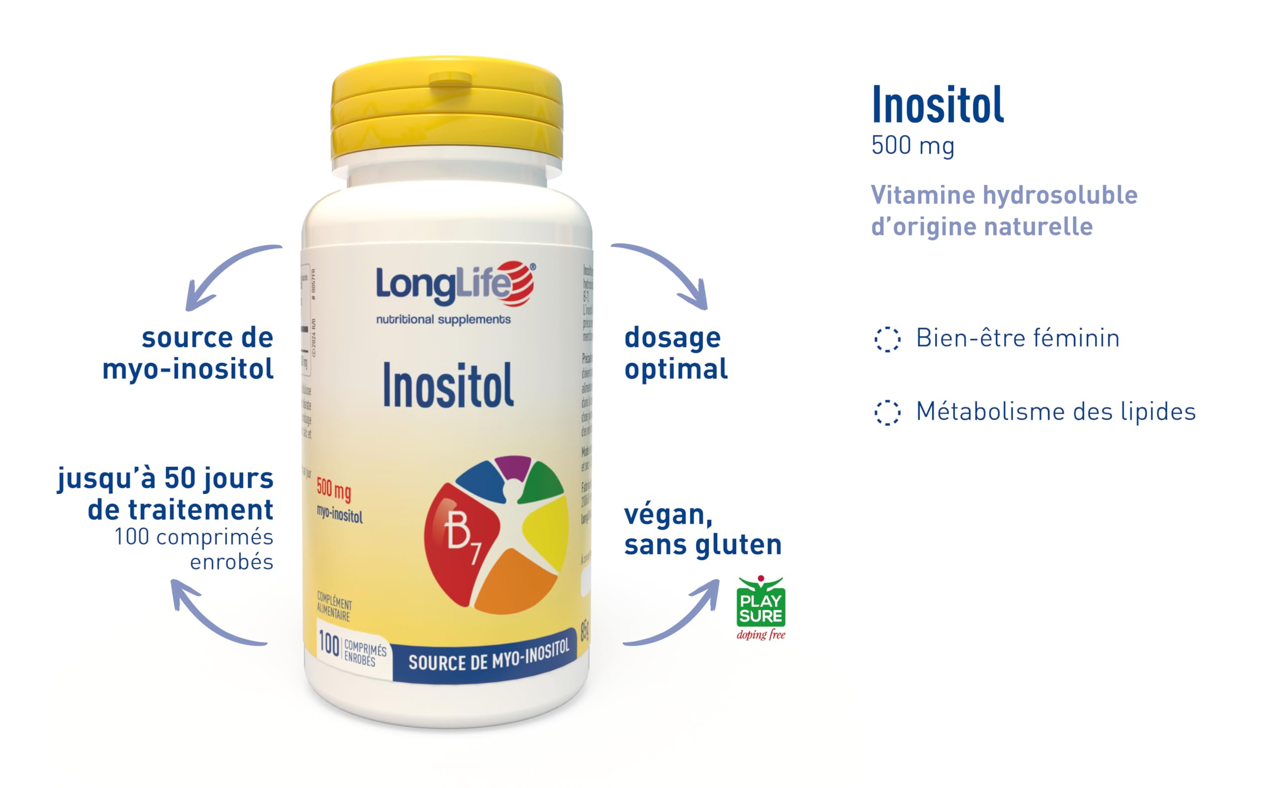 LongLife® Inositol | Source de myo-inositol | 500 mg d'inositol issu du maïs | Dosage optimal | Bien-être féminin et métabolisme des lipides | Jusqu'à 50 jours de traitement | Sans gluten et végan