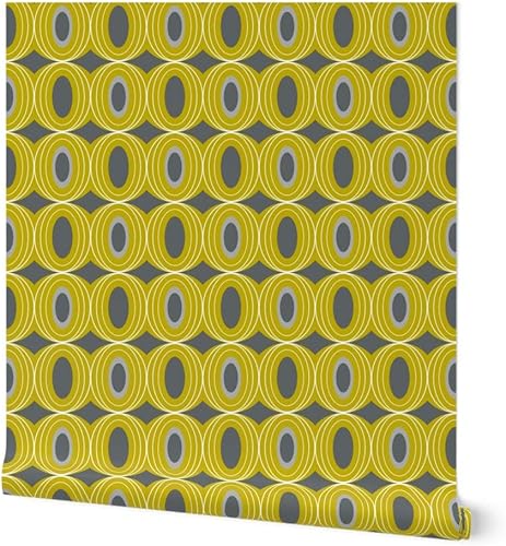 Peel & Stick Wallpaper 9ft x 2ft - Retro Geometric Mid Century Modern Yellow Gray Scale Geo Circles Vintage Custom Removable Wallpaper by Spoonflower