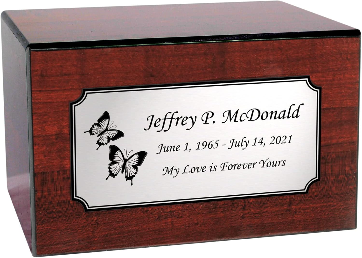 Butterfly Themed Heirloom Cherry Wood Cremation Urn for Ashes Personalized with Nameplate - Veneered Wood Memorial Urn - Large 213 Cubic Inch Capacity for a Person Weighing Up to 205 Pounds
