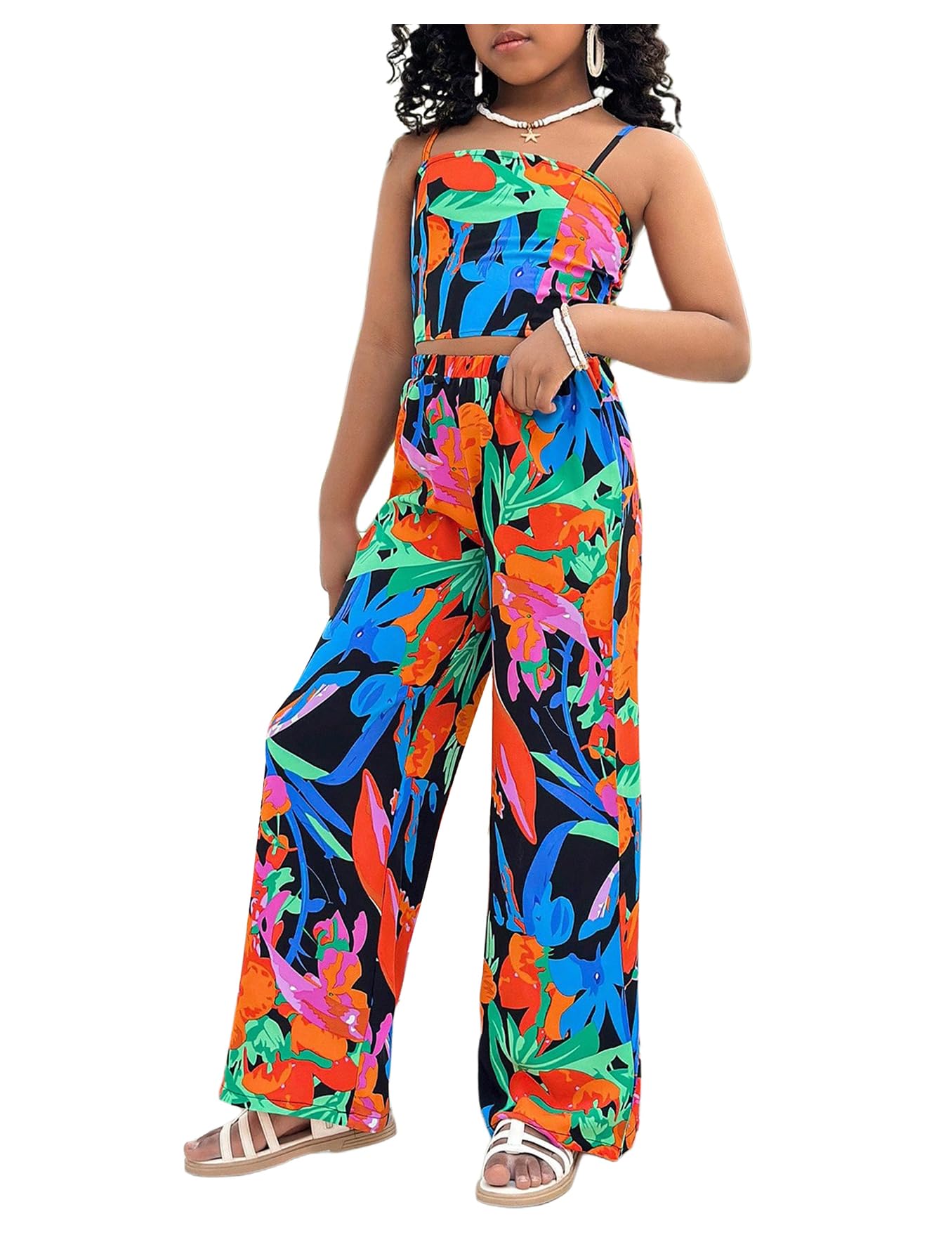 Floerns Conjunto de 2 piezas para niña hawaiana tropical camisola y pantalones bohemios