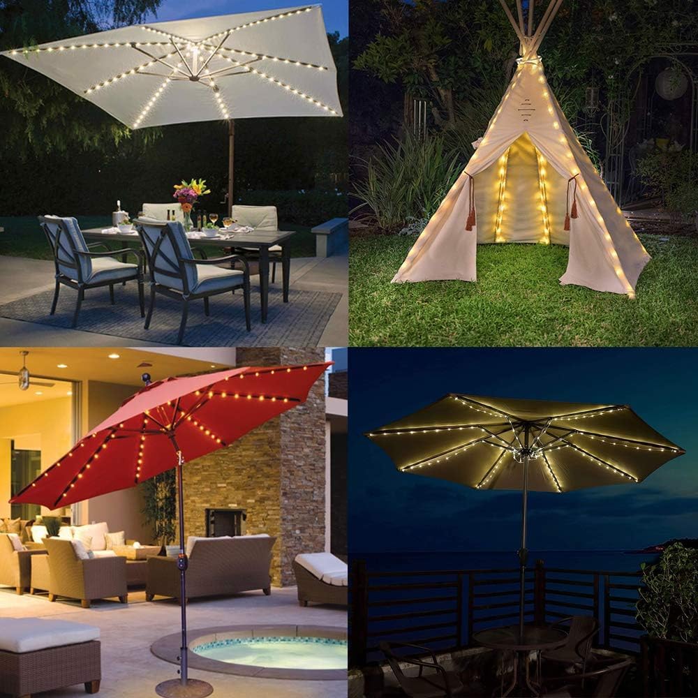 Sonnenschirm-Lichterkette, 104 LEDs, 8 Modi, batteriebetrieben, dekorative Lichter, Campingzelt (Warmweiß)