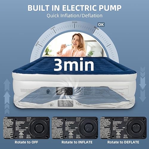 Miniatura 4 de Colchón de aire tamaño Queen con bomba integrada, colchón inflable de 18 pulgadas rápido autoinflabledesinflado en 3 minutos, colchón inflable, cama