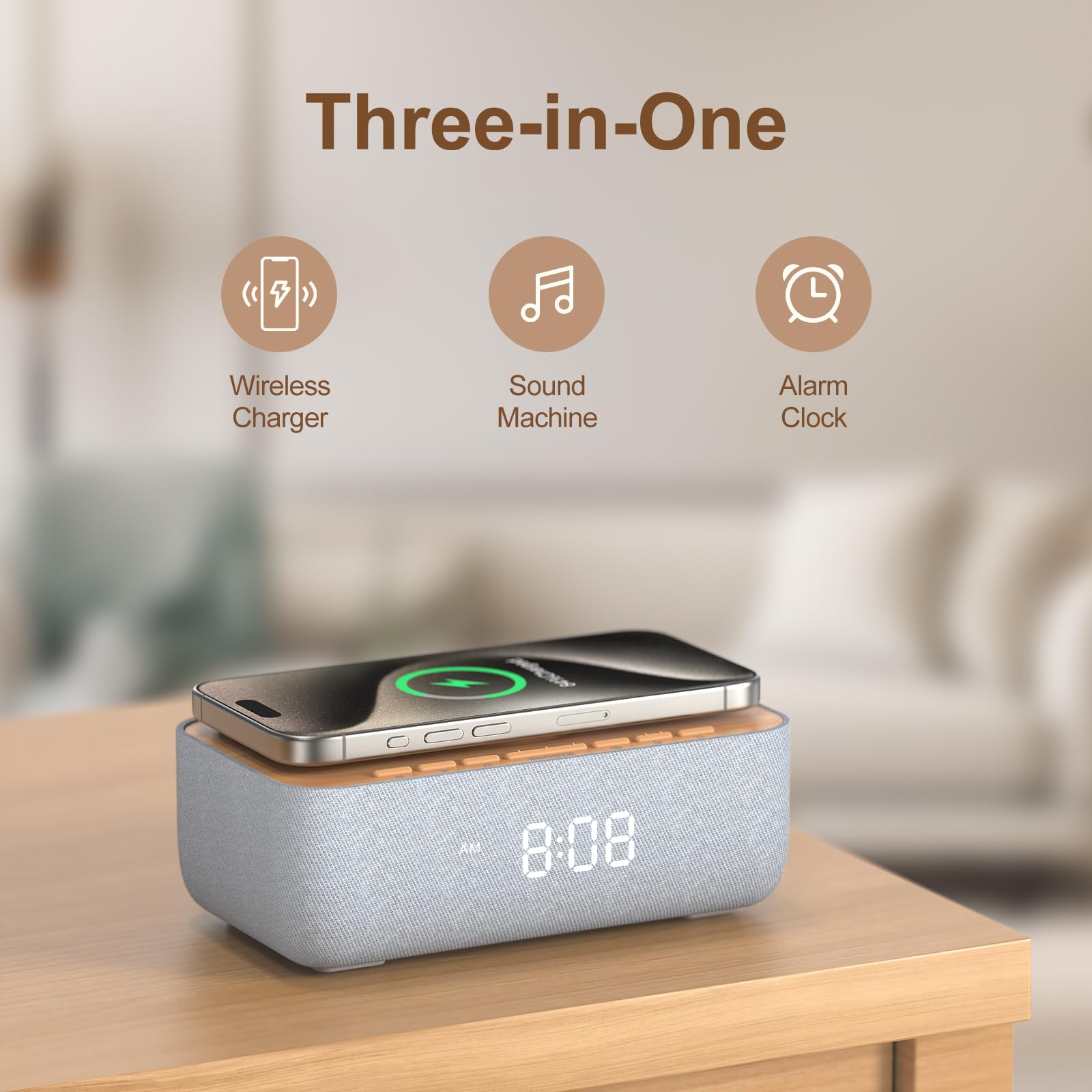 REACHER Sound Machine Alarm Clock with Auto-Align Magnetic Wireless Charging for iPhone, Fast Wireless Charger Alarm Clocks White Noise Machine for Sleeping, Dimmable Display for Bedrooms-Wood Grain