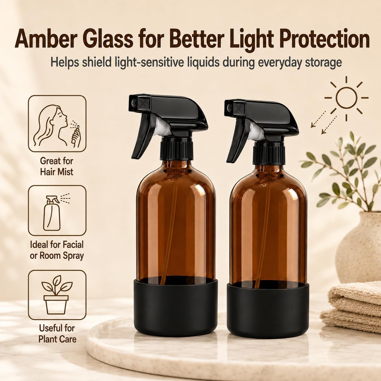 Amber Glass Spray Bottles with Protective Silicone Sleeves (Black/16oz)