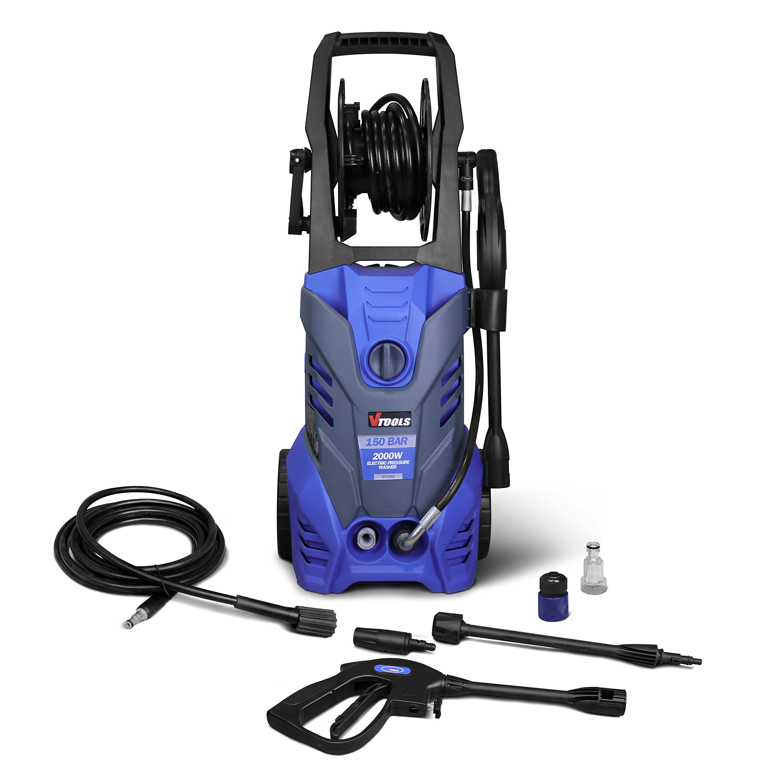 VTOOLS 150 Bar Electric Pressure Washer With Wheels, 5 Meter Hose & Built-In Soap Dispenser, 2000 Watt, Compact Design, For Car, Home Garden, Grey VT5102