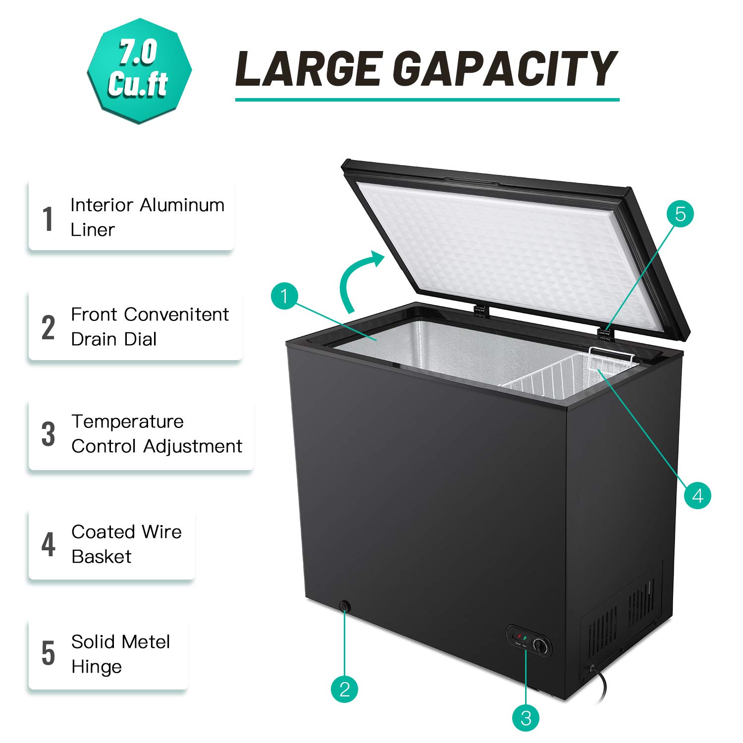 Antarctic Star 7.0 Cu.ft Chest Freezer 6.8℉to -4℉with Removable Basket Free Standing Top open Door Compact Freezer with Adjustable 7 Temperature Defrost Water Drain/Power Saving UL Certified Black