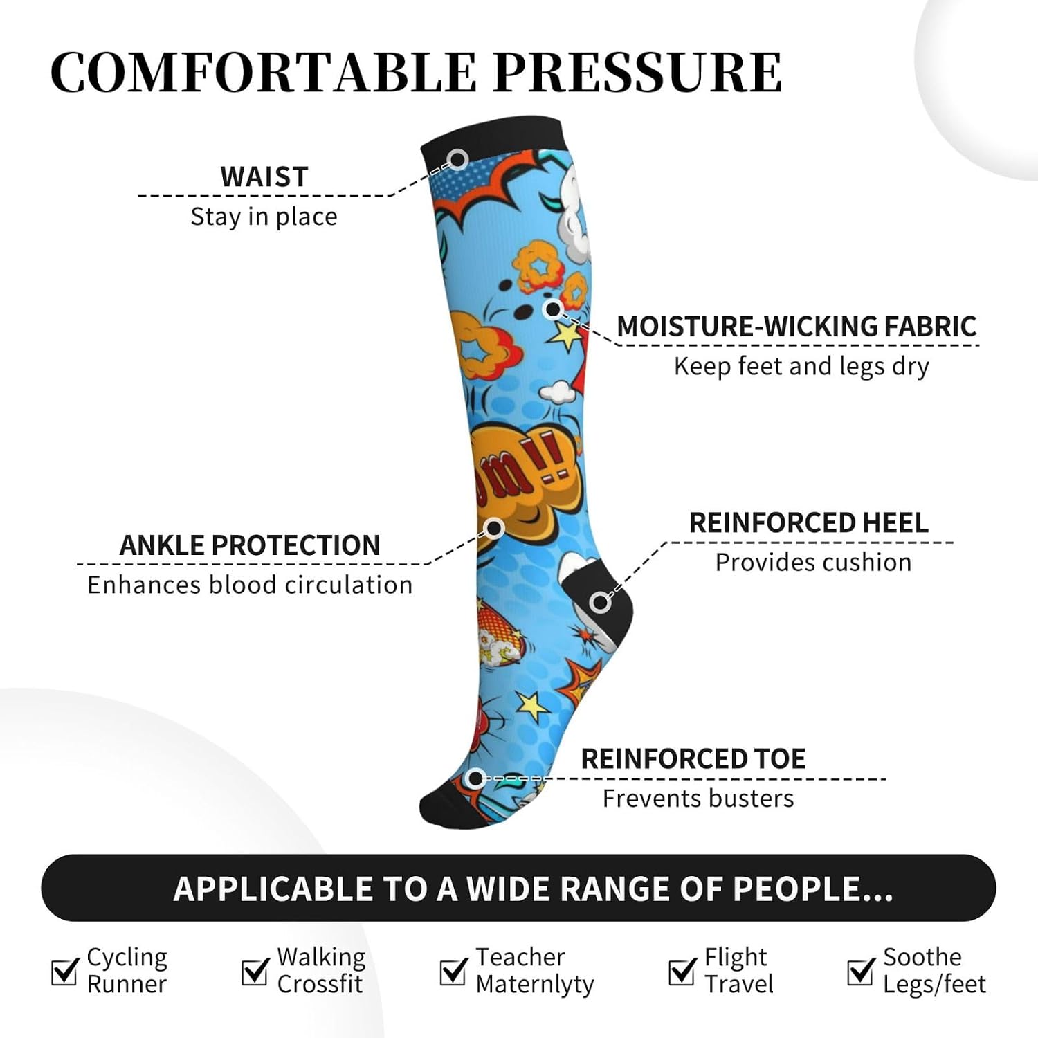 Superhero Colorful Comic Tight Fitting Women'S Men'S Knee High Running Socks