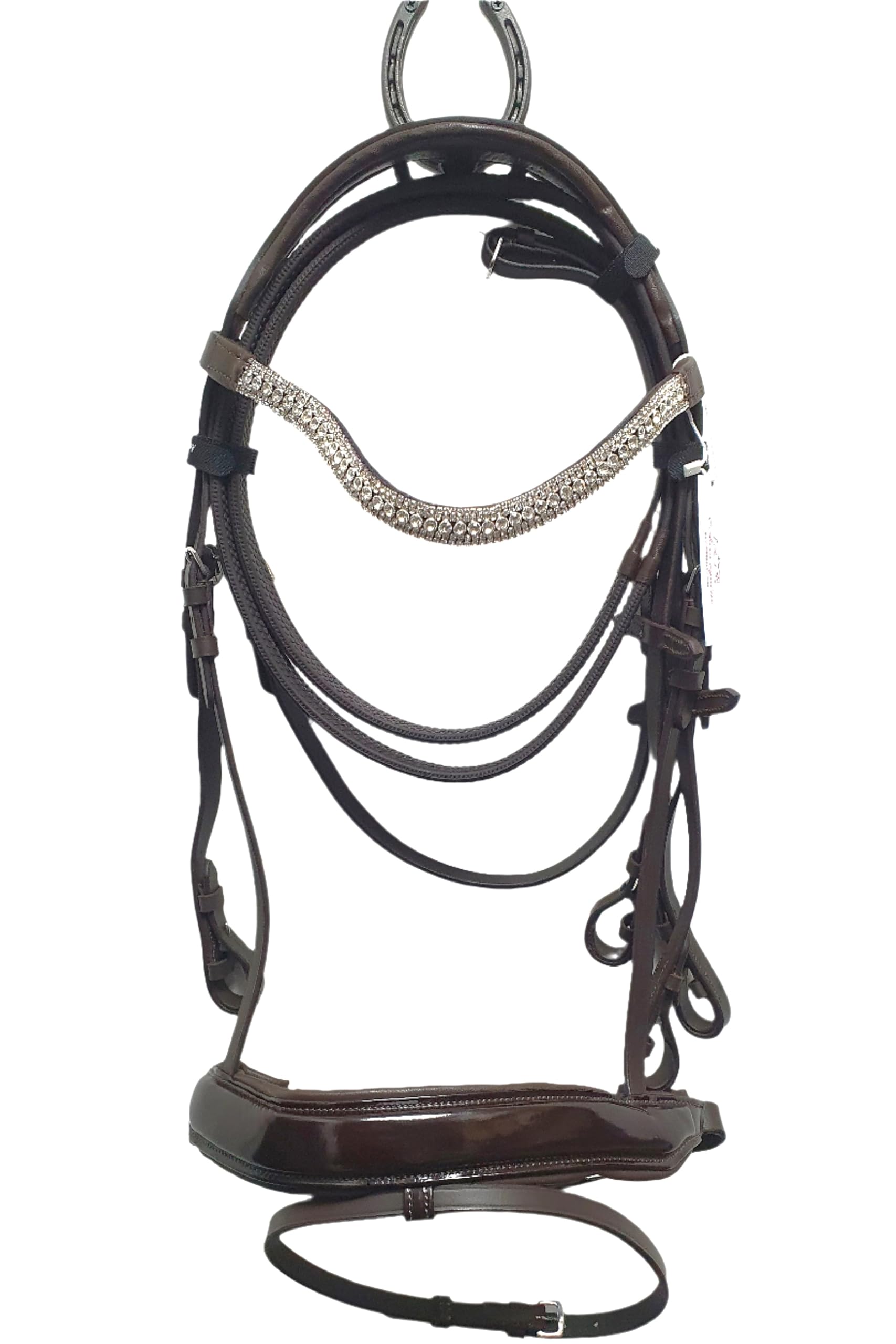 Comfortable Leather Horse Dressage Bridle Brown Diamante Browband with Patent Noseband (Extra-Full)