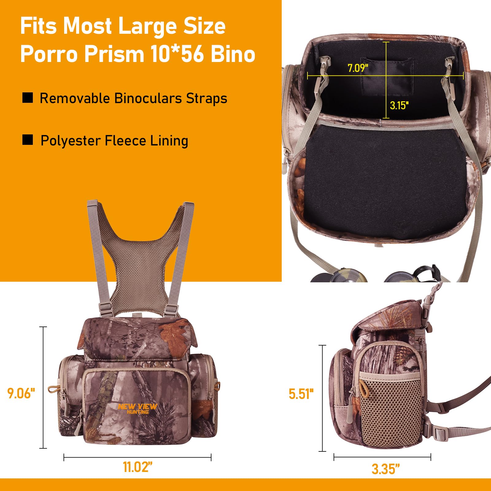 NewView Harnais Binocular avec sac de télémètre amovible, sangle bino réglable et protection contre la pluie - Idéal pour la chasse, la randonnée et l'observation des oiseaux - Quiet-L