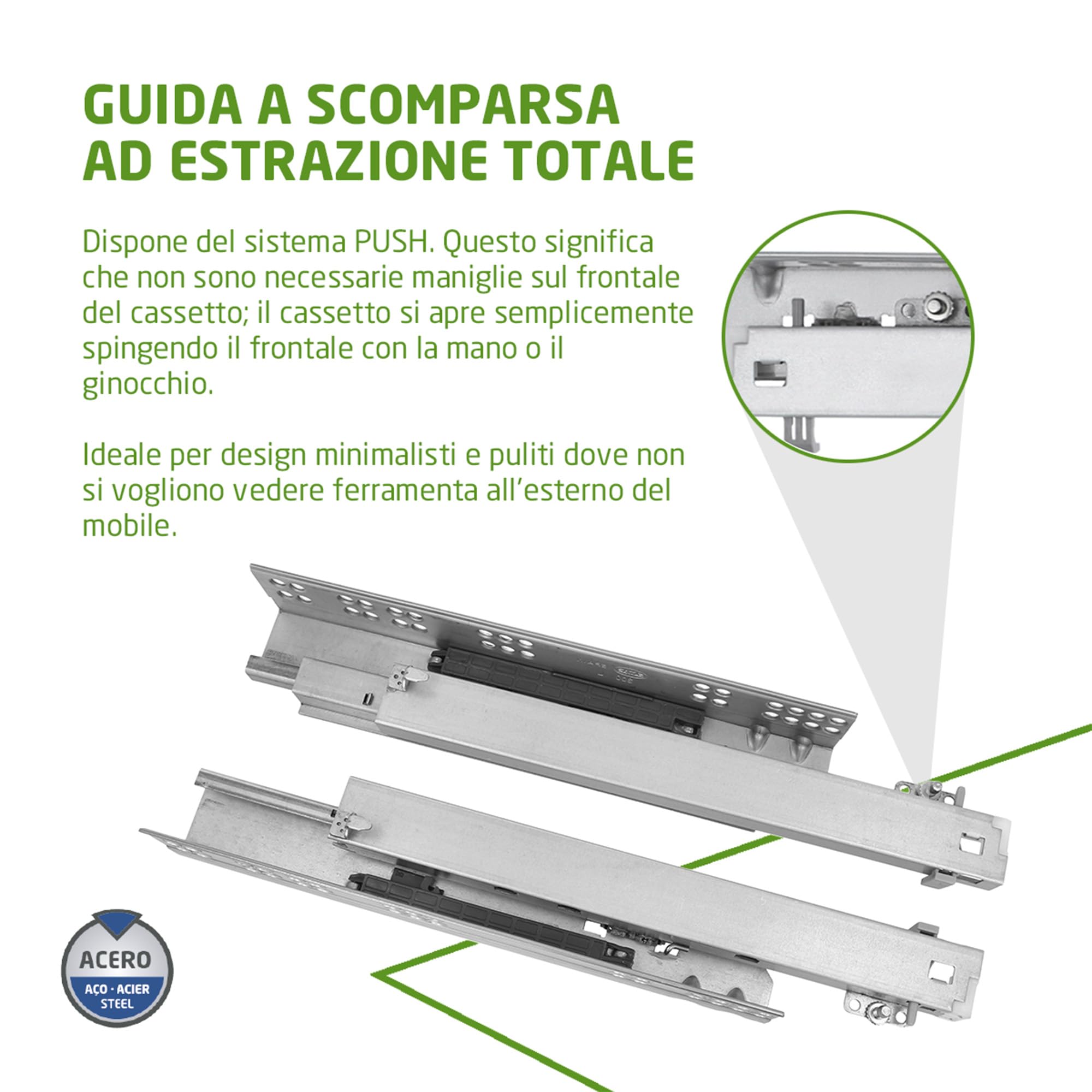 Amig - Set di 2 guide scorrevoli Mod.45 in acciaio zincato per cassetti di mobili cassettiere o armadi di estrazione totale autobloccante e apertura poush, resistenza: 25 kg/coppia: 300 mm, argento