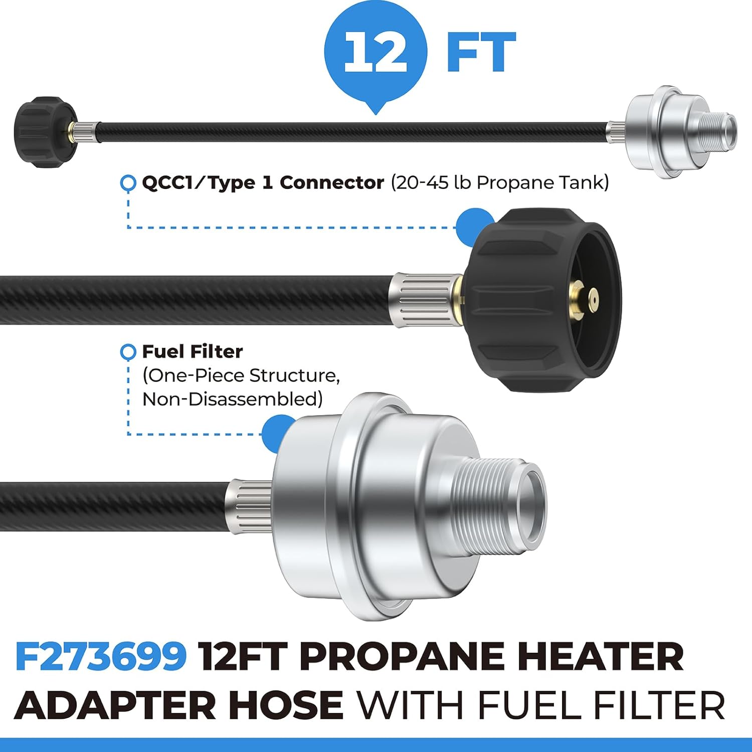 PalpitateC F273699 12ft Propane Heater Adapter Hose with Fuel Filter Compatible with Mr. Heater Big Buddy, QCC1/Type1 Adapter Connect 20-45 lb Propane Tank, CSA