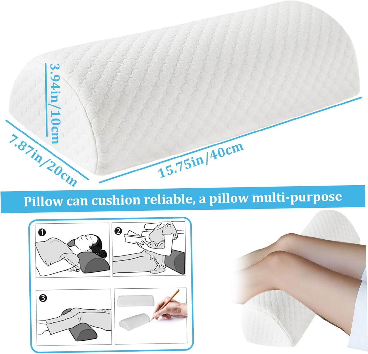 Half Moon Bolster Pillow for Legs, Breathable Memory Foam Knee Pillow, Zippered Lumbar, Non Slip Leg for Legs, Back, Head...