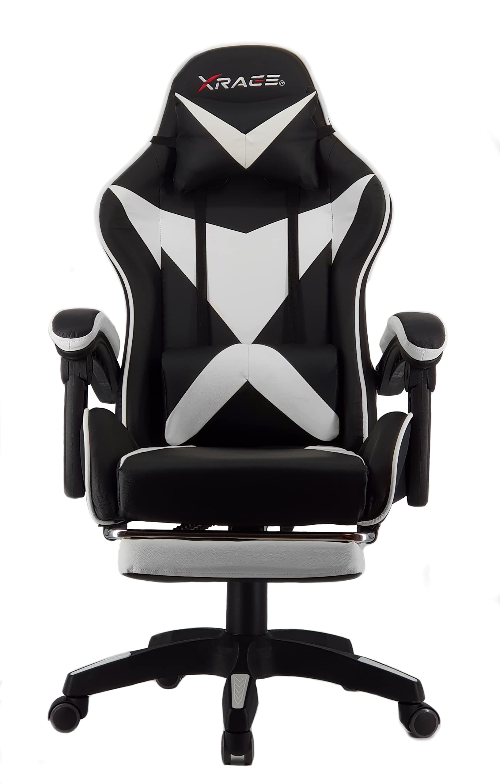 xRace - Poltrona da gaming per videogiochi, girevole, alta in pelle con supporto lombare, poggiatesta e poggiapiedi, regolabile, inclinabile, stile corse racing (bianco)