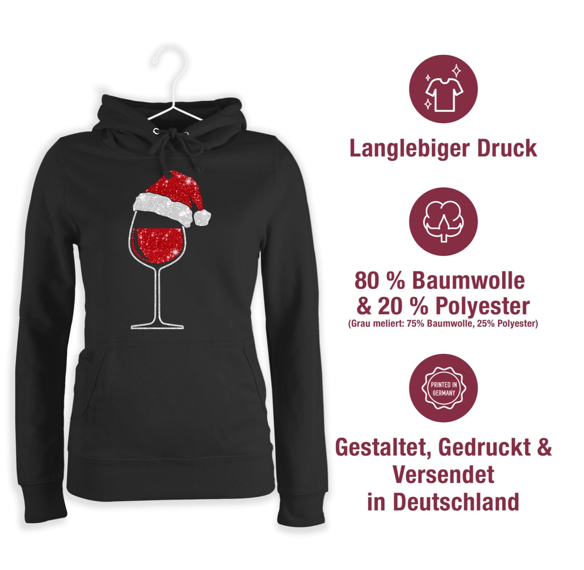 Pullover Damen Hoodie Frauen - Weinglas mit Weihnachtsmütze I Weihnachtsmotiv Wein I Geschenk Weinliebhaber Weihnachten - M - Schwarz - Weihnachtspullover weihnachtspullis Christmas Xmas Hoody