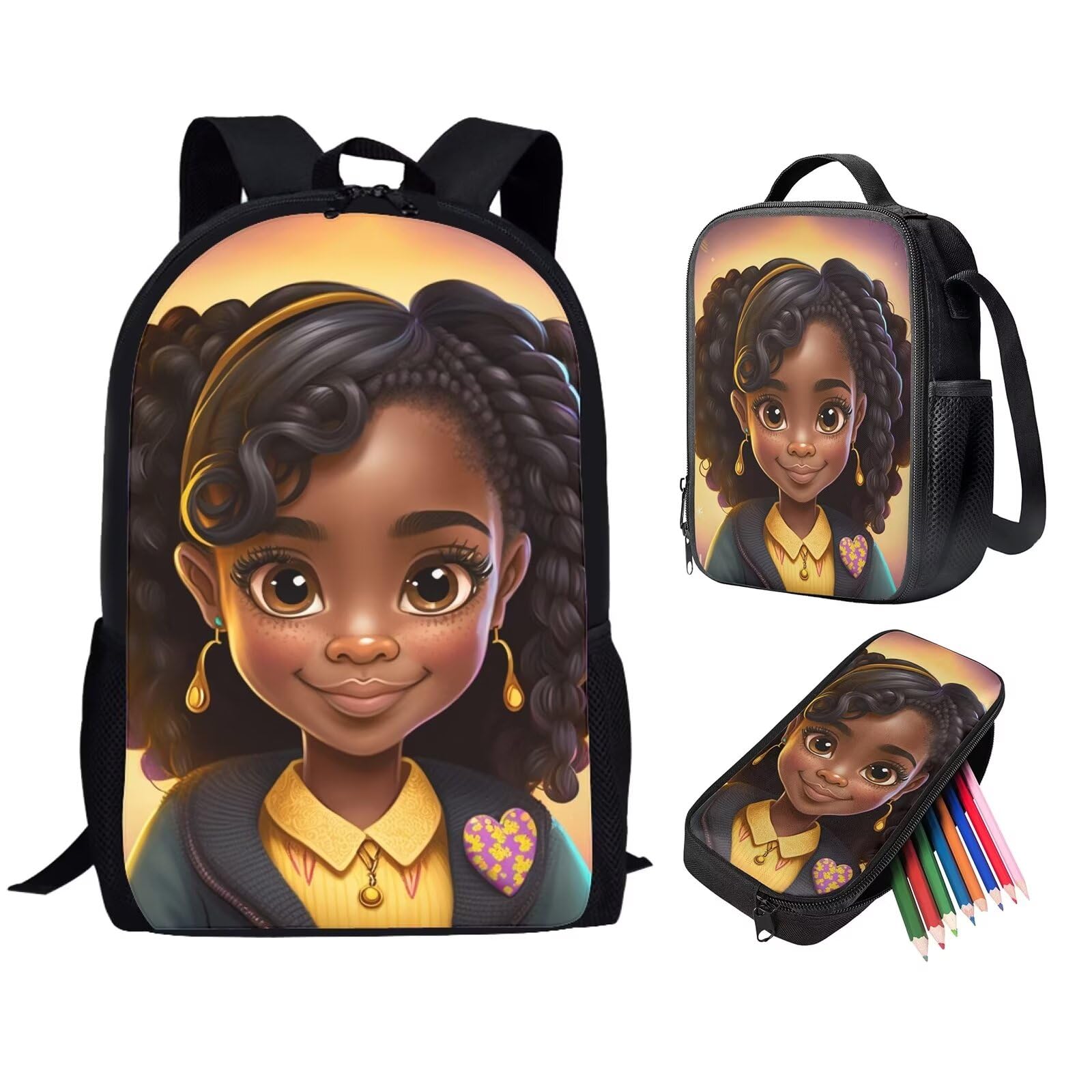 Zanxiantu African Black School Backpack for Girls with Lunch Box Pencil Case Set 3 in 1 Magic Afro Bookbag for Kids 8-10/7-9/10-12 American Student