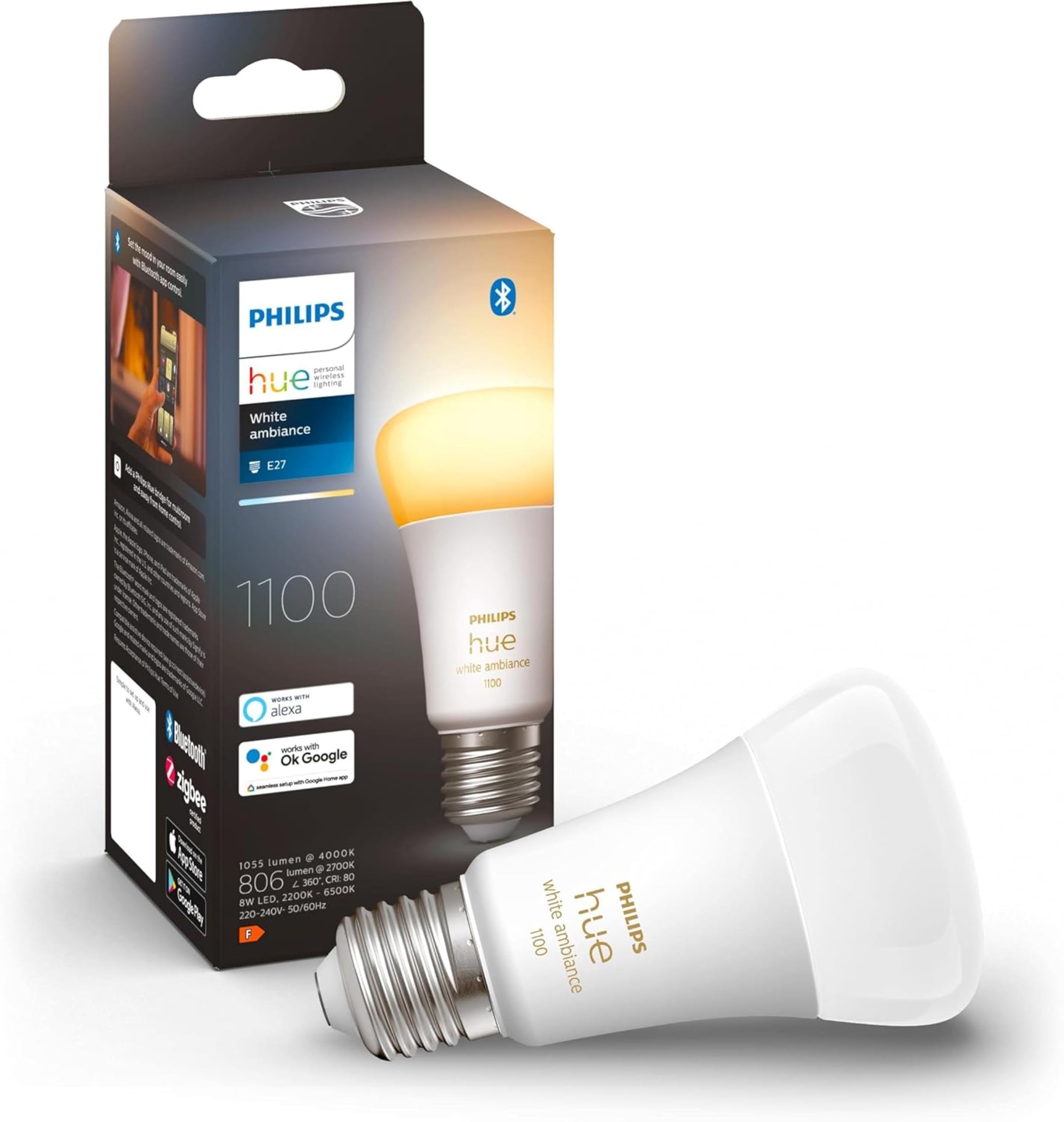 Philips Hue Philips Hue NEW White Ambiance Smart Light Bulb 75W - 1100 Lumen [E27 Edison Screw] With Bluetooth. Works with Alexa, Google Assistant and Apple Homekit