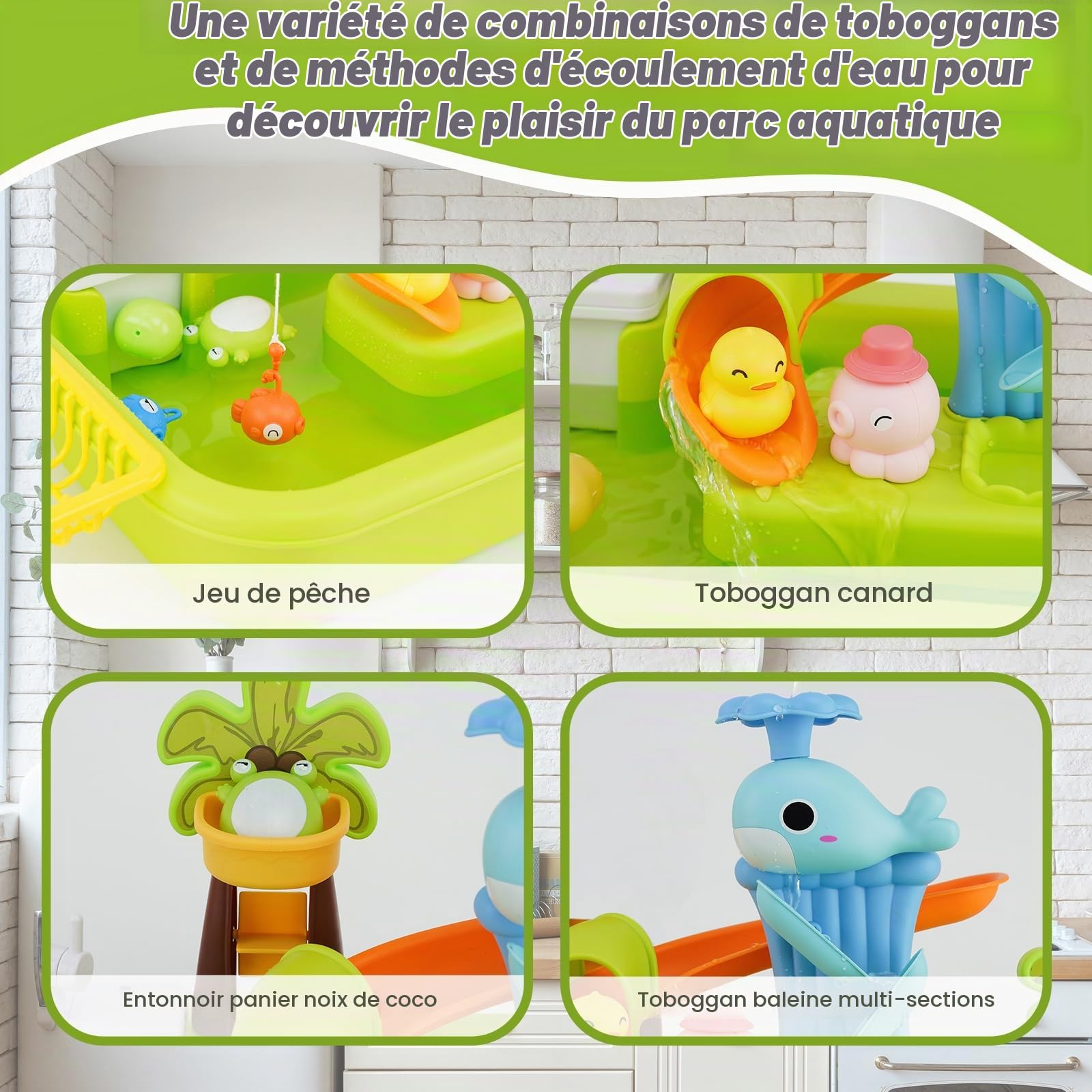 Lavabo Enfant Cuisine,Evier Enfant avec Circuit Eau, Système de Recyclage de l'eau, Jouets de pêche Flottants de Piscine pour Jouer à l'eau pour Enfants à Partir de 3 Ans, Vert