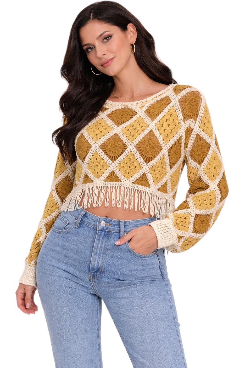 Women's Crochet Crop Top with Fringe Hem, Mustard and Cream | Long Sleeve, Granny Square Pattern, Boho Style, Round Neck, Sheer Knit-image-43