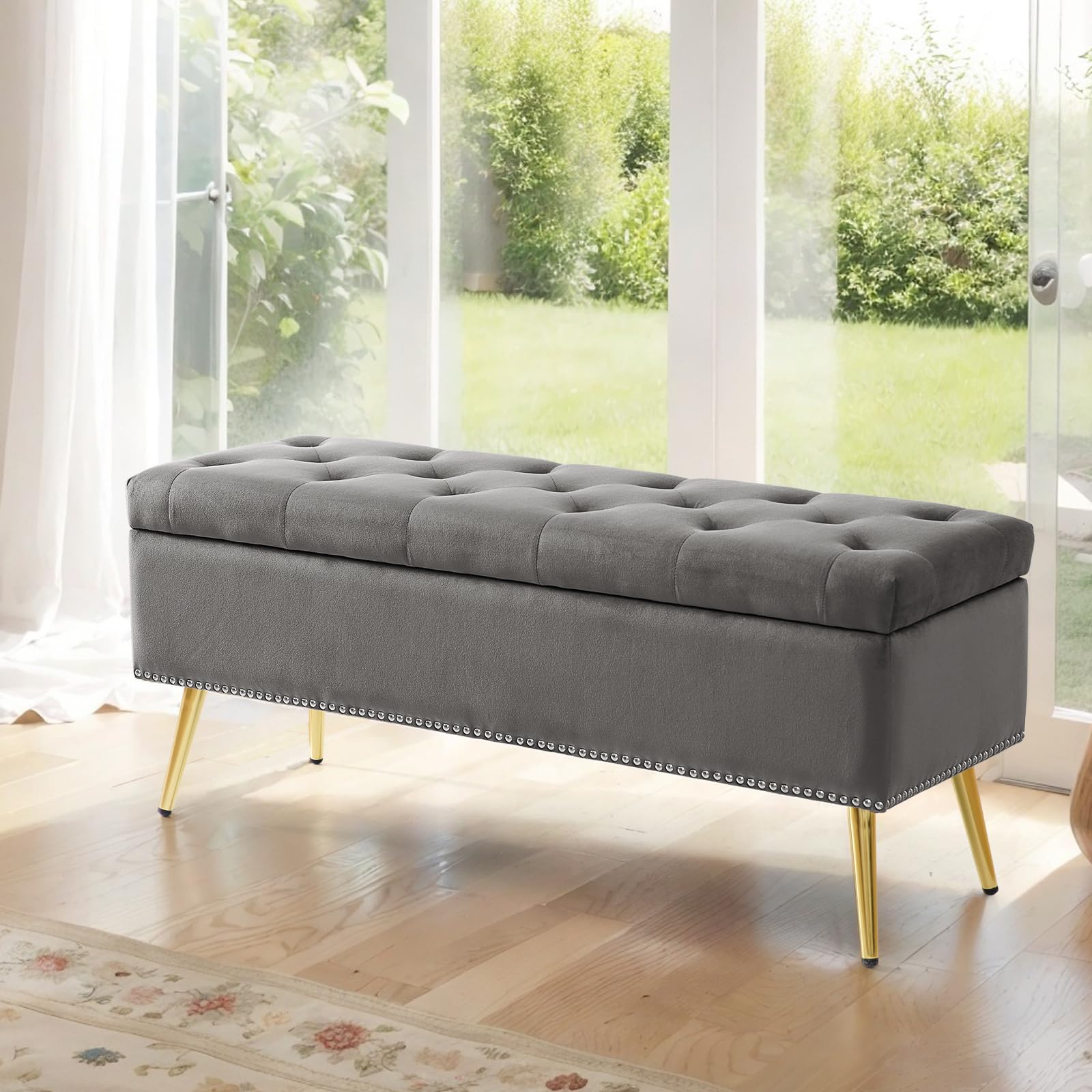 ASHOMELI 45.6 Inches Storage Ottoman Bench, End of The Bed Stool with Legs, Velvet Fabric Ottoman with Storage, Versatile Seating for Living Room, Bedroom and Entryway (Grey)