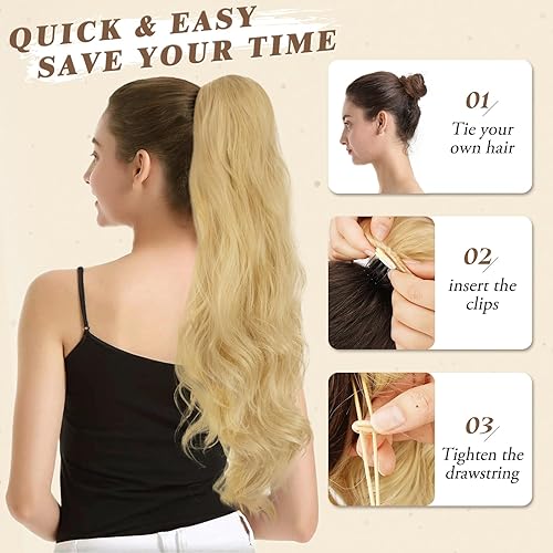Miniatura 6 de BARSDAR Extensión de cola de caballo rubia, 26 pulgadas, extensiones de cabello sintético ondulado con clip, extensiones de cola de caballo falsas