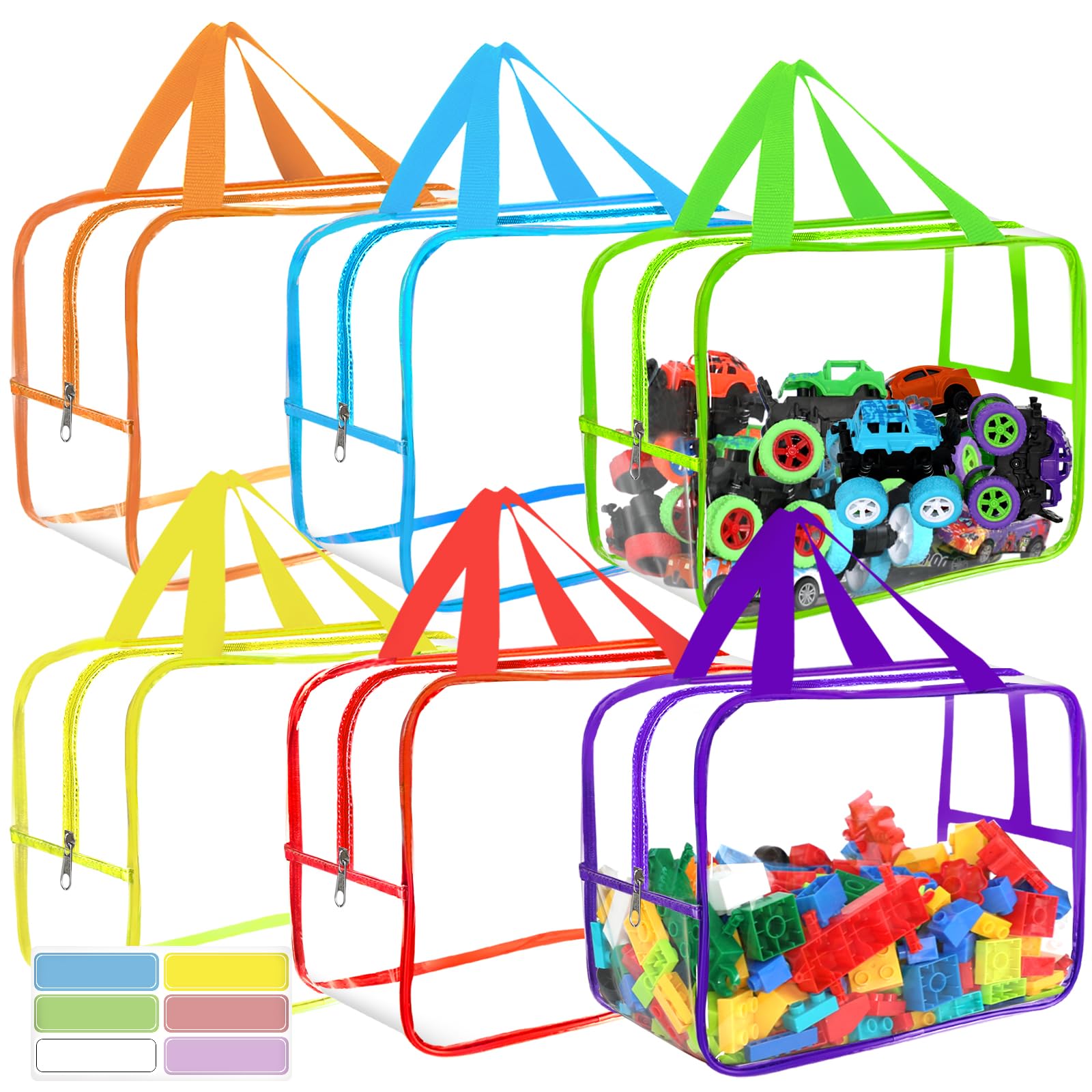 Sacs de rangement larges de 6 couleurs, 32,6 x 23,3 x 17 cm avec étiquettes, réutilisables en PVC transparent, sacs de rangement de jeux de société, sacs de voyage imperméables avec fermeture éclair