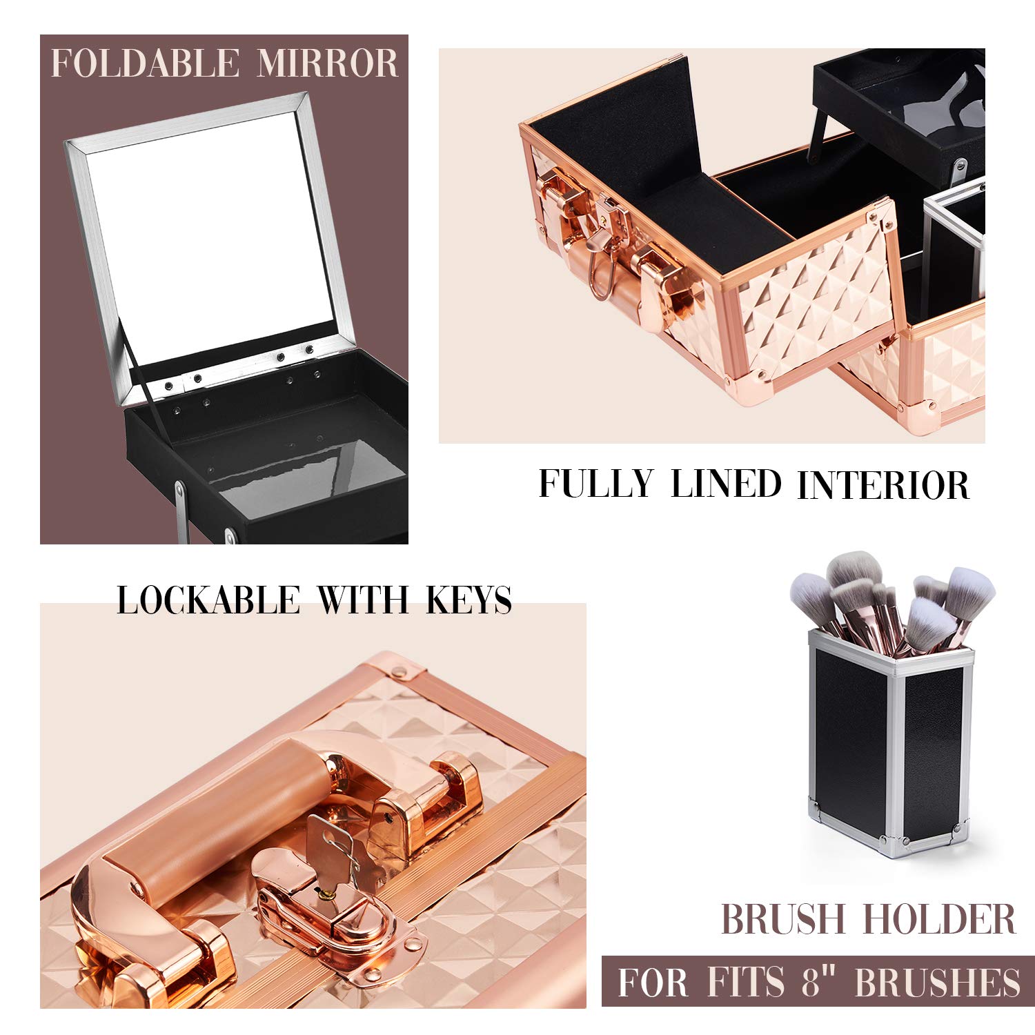 Joligrace Makeup Train Case Cosmetic Box Jewelry Organizer Professional 3 Tiers Trays with Mirror and Brush Holder Lockable Key Portable Travel - Rose Gold