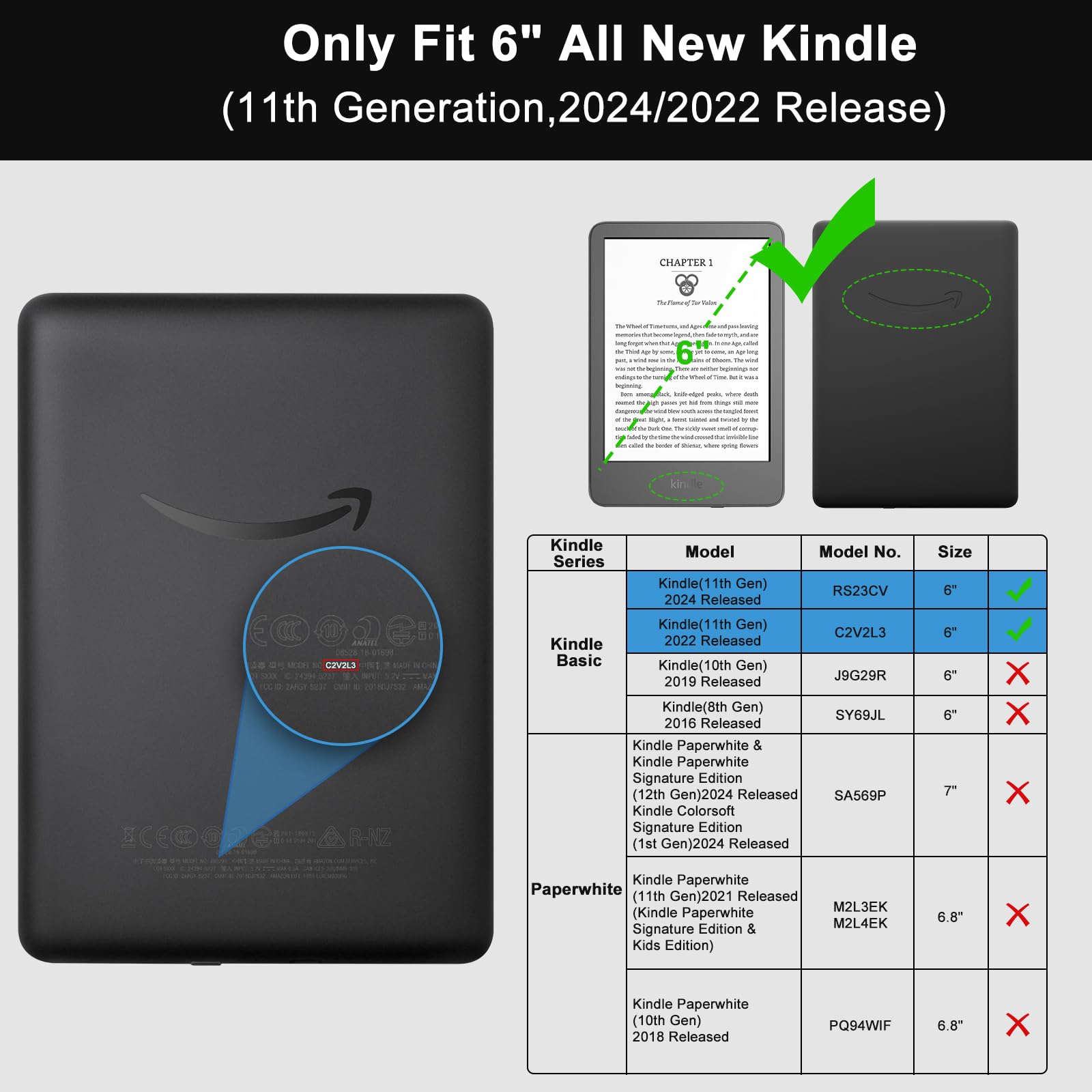 TQQ Case Fits 6" Amazon Kindle 11th Generation 2024 and 2022, Premium Slim and Lightweight Cover, Full Protection, Auto Sleep/Wake, Magnetic Closure (NOT fit Paperwhite or Oasis) — view 2
