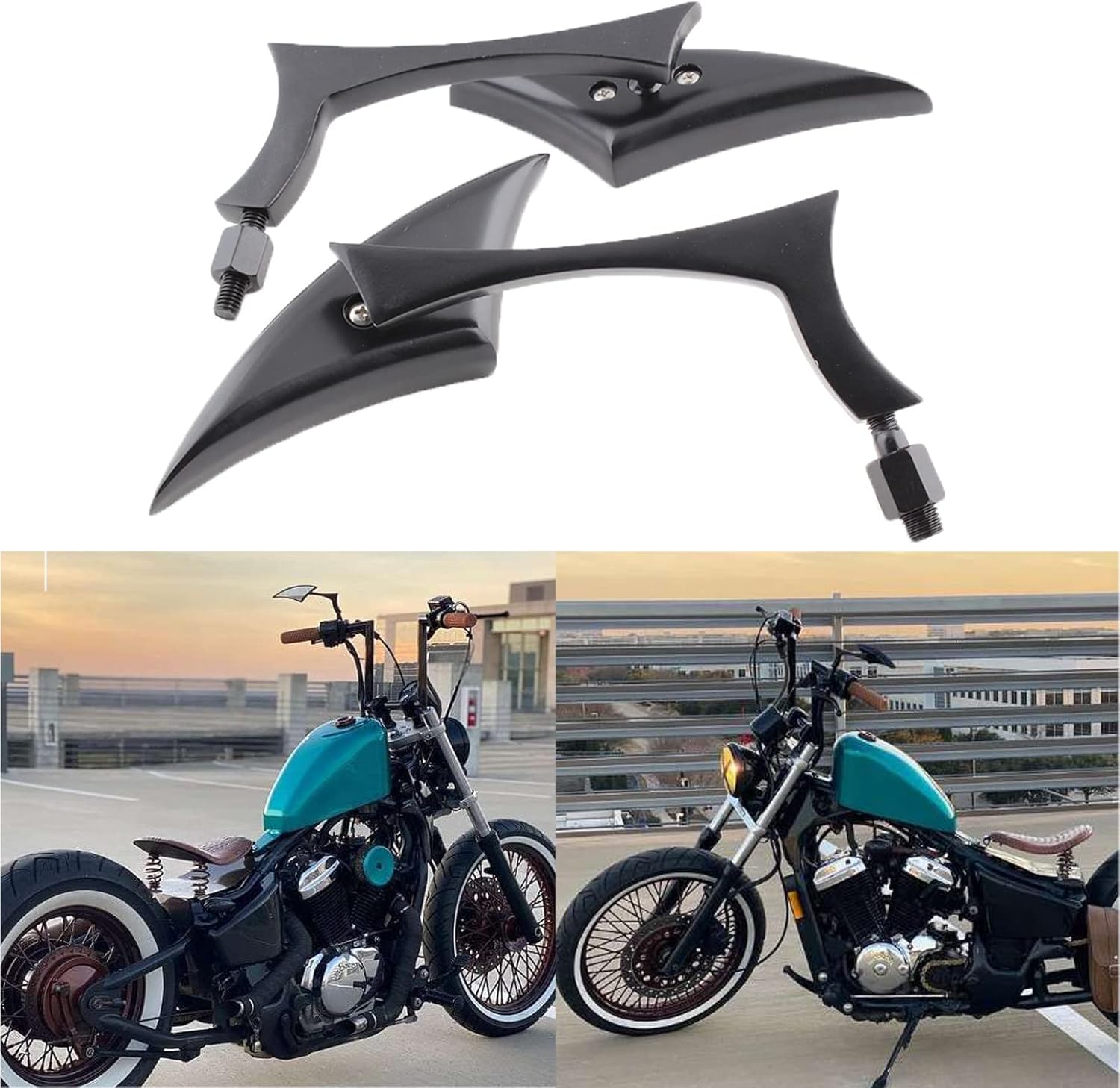 Black 8mm/10mm Motorcycle Spear Blade Rear View Side Mirrors for Cruiser Chopper Sportster Dyna Softail Street Bike Scooter Dirt Bike
