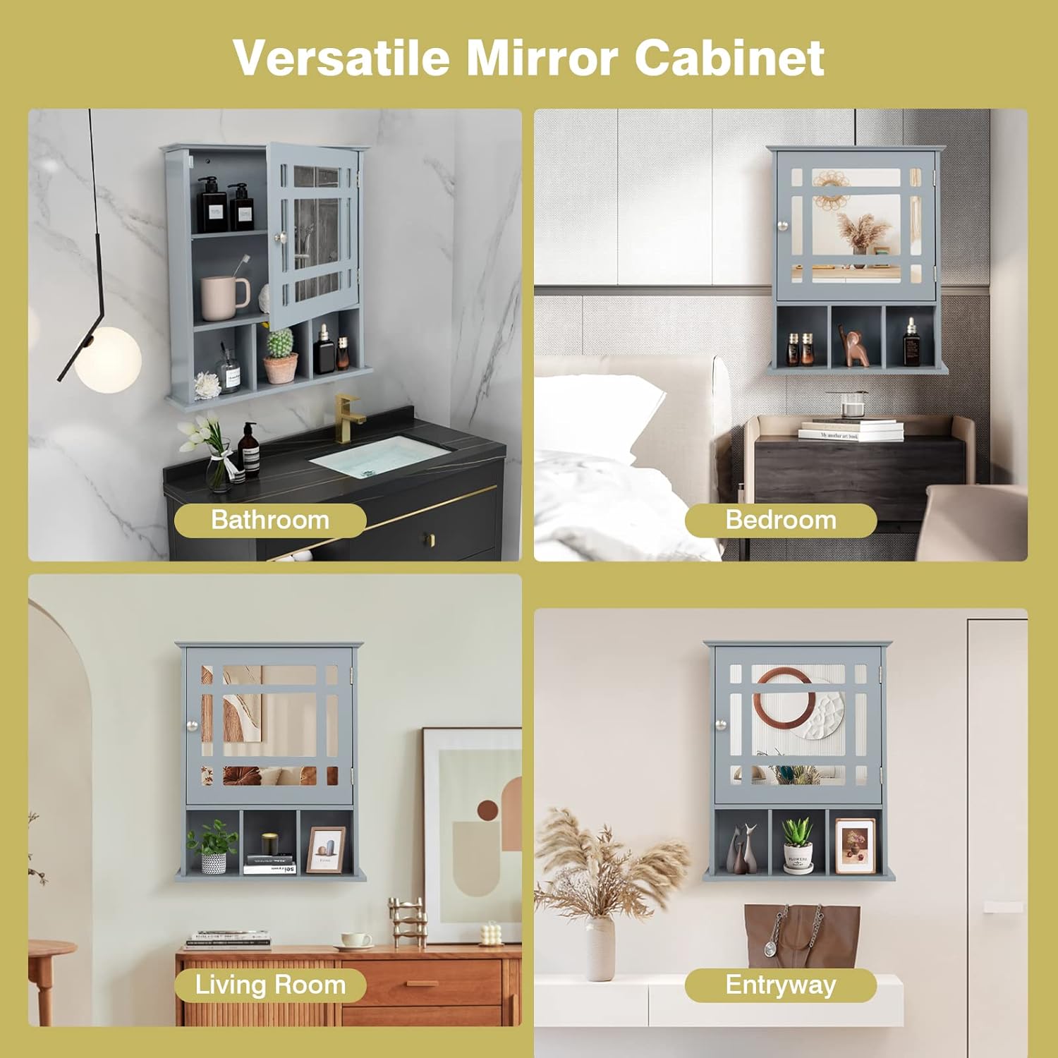 Bathroom Mirror Cabinet, Wall Mounted Storage Cupboard with Adjustable Shelf and 3 Open Compartments, Wooden Single Door Display Organizer for Bedroom Living Room Kitchen (Grey)