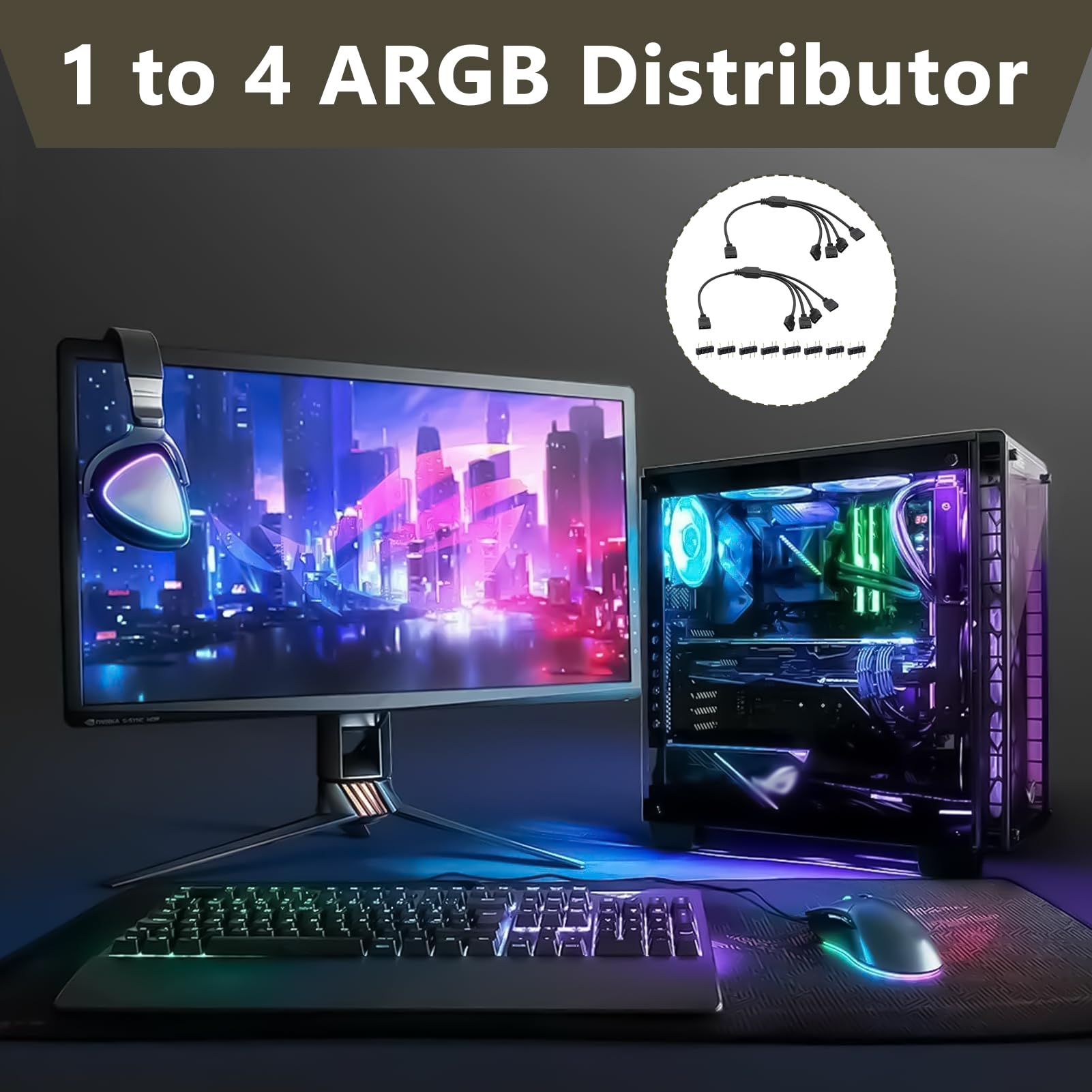 Hub ARGB Splitter 1 à 4 Câble Répartiteur 3Pin 30cm Connecteurs Mâles pour Bande LED Ventilateurs