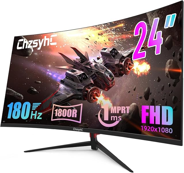 24 Inch Courbé 180Hz Moniteur de jeux, 1800R Moniteur de jeu Courbé, 1ms MPRT, FHD(1920×1080P), Freesync, HDMI2.0,DP1.4, VESA Montable(HDMI Câble Incl.), noir