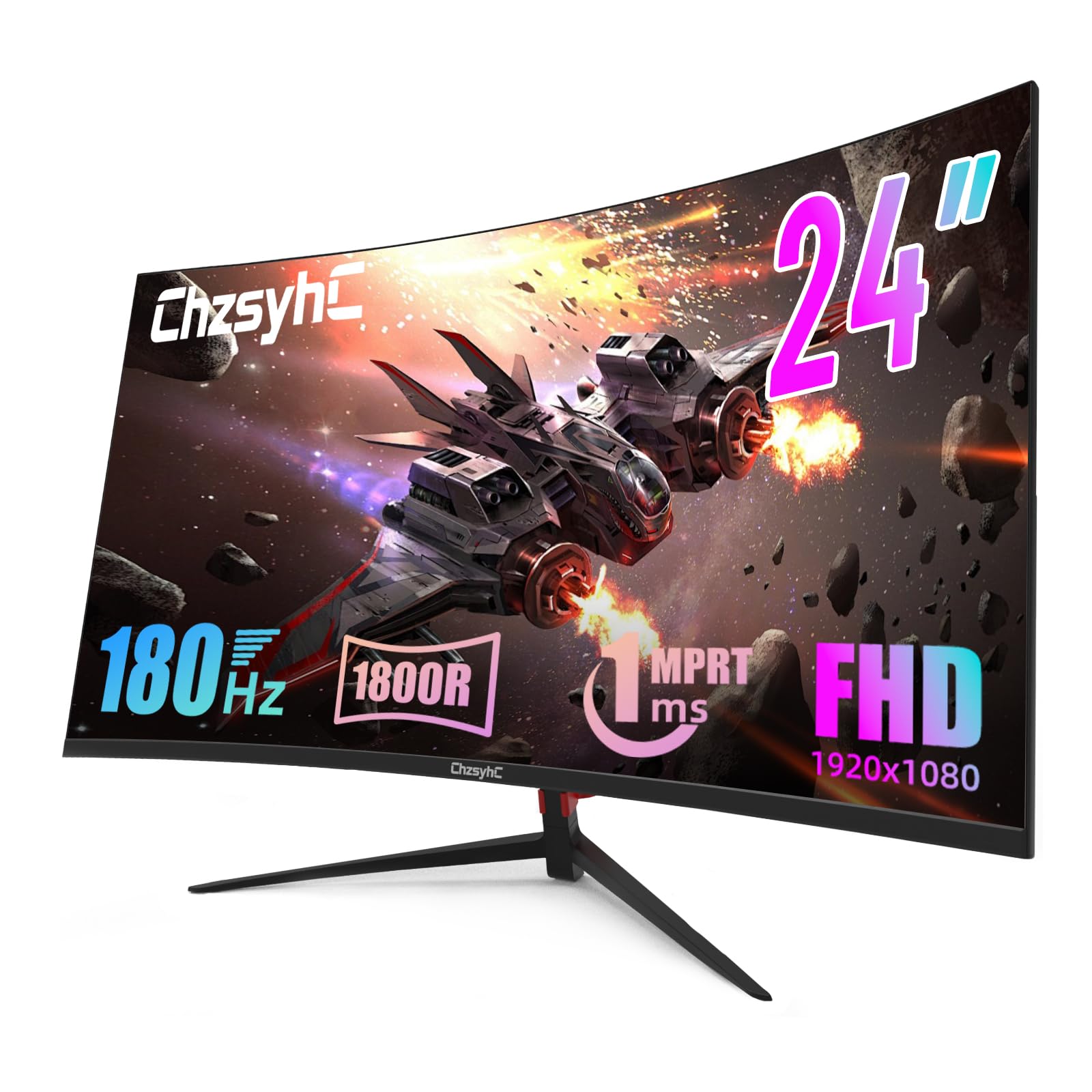 24 Inch Curved 180Hz Gaming Monitor, 1800R Curved Gaming Monitor, 1ms MPRT, FHD(1920×1080P), Freesync, HDMI2.0,DP1.4, VESA Mountable(HDMI Cable Incl.), Black