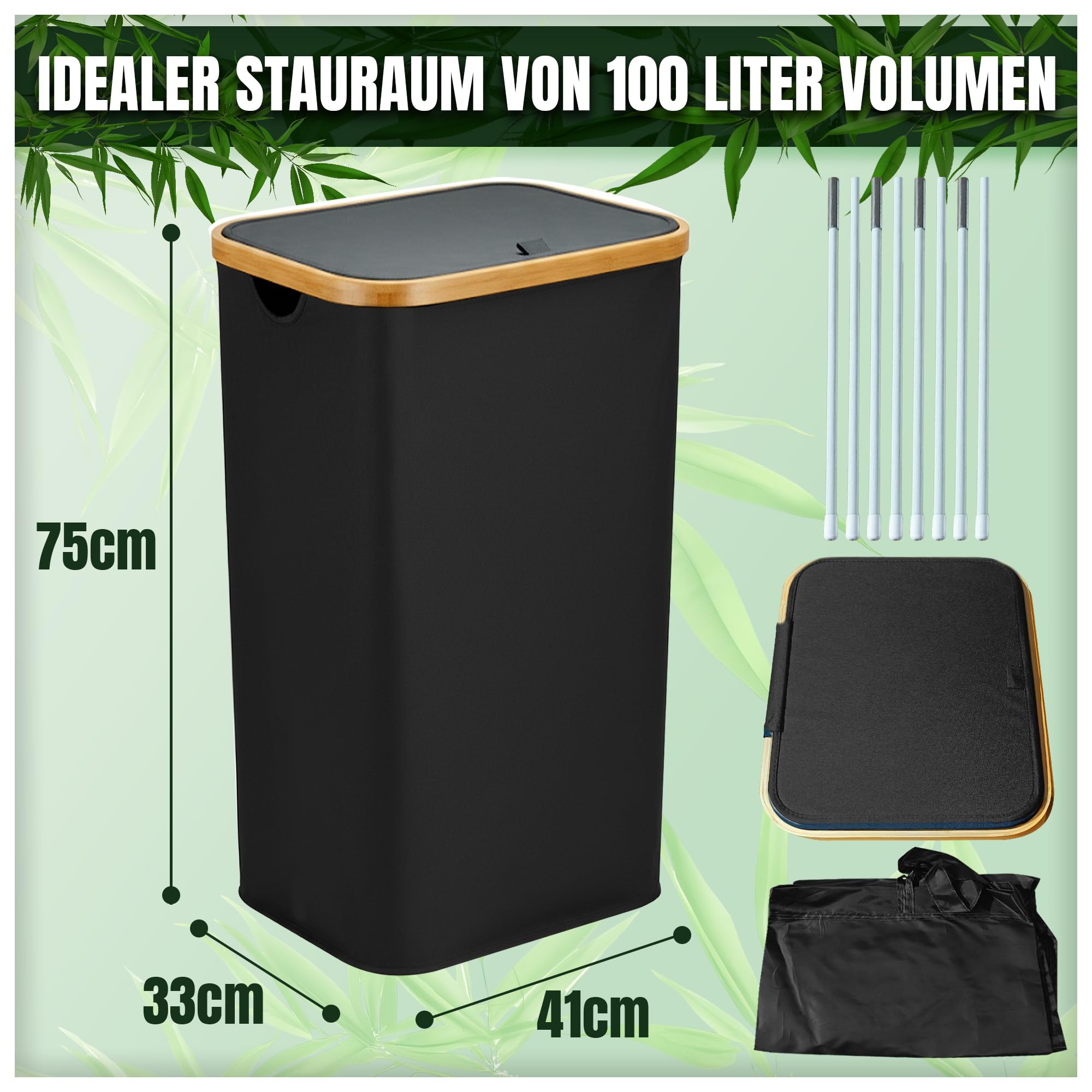 Wäschekorb mit Deckel 100l, Wäschesammler, Wäschebox, Wäschetonne, hoher Wäschekorb mit Bambusrahmen, Aufbewahrungsbox für Spielzeug, Handtücher, Geschenkpapier, laundry box, Pfandflaschensammler