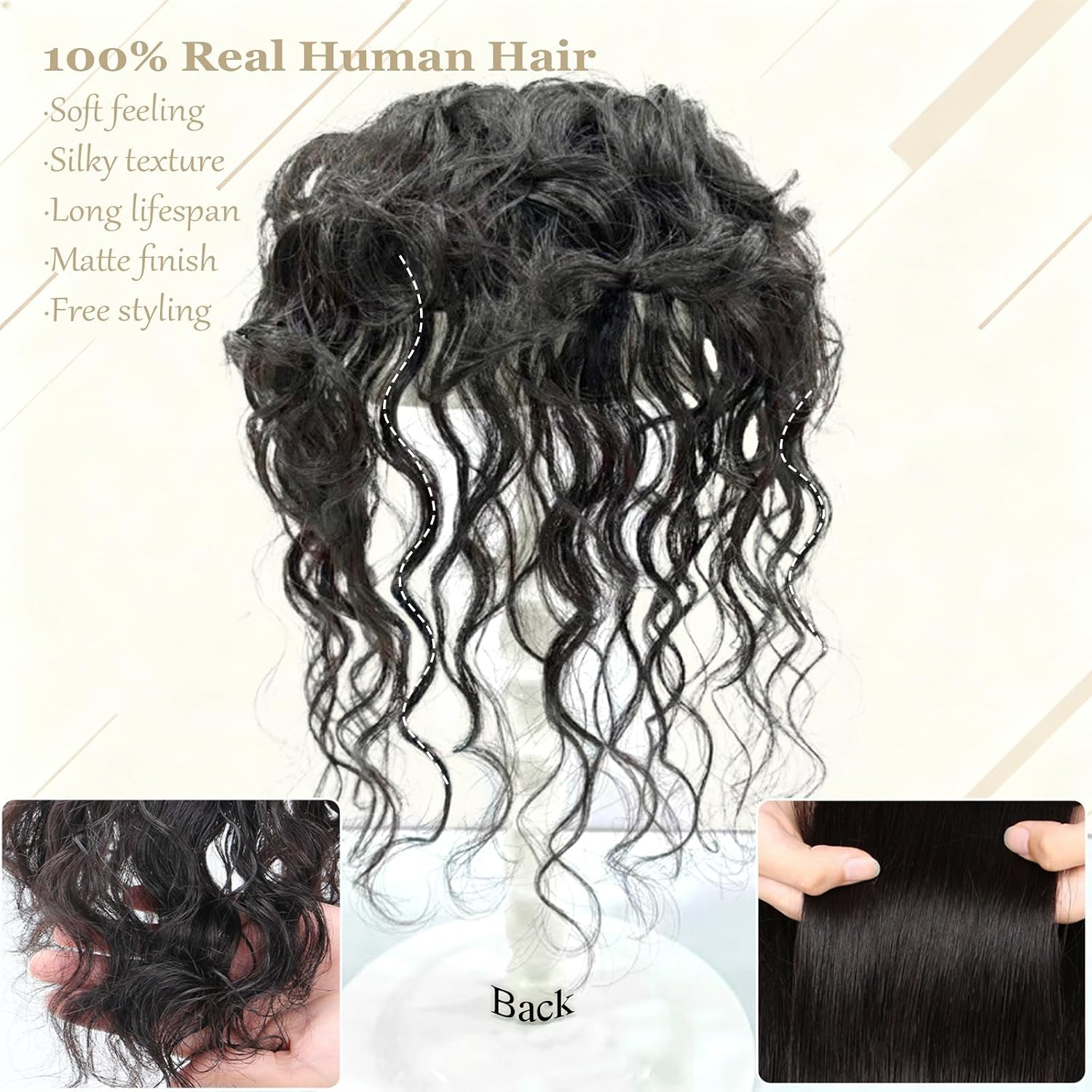 10" Curly Human Hair Toppers for Women Short Topper Hair Pieces 5.1"x5.5" Handmade Swiss Base Clip in Top Hairpieces with Curly Bangs for Adding Volume Natural Black