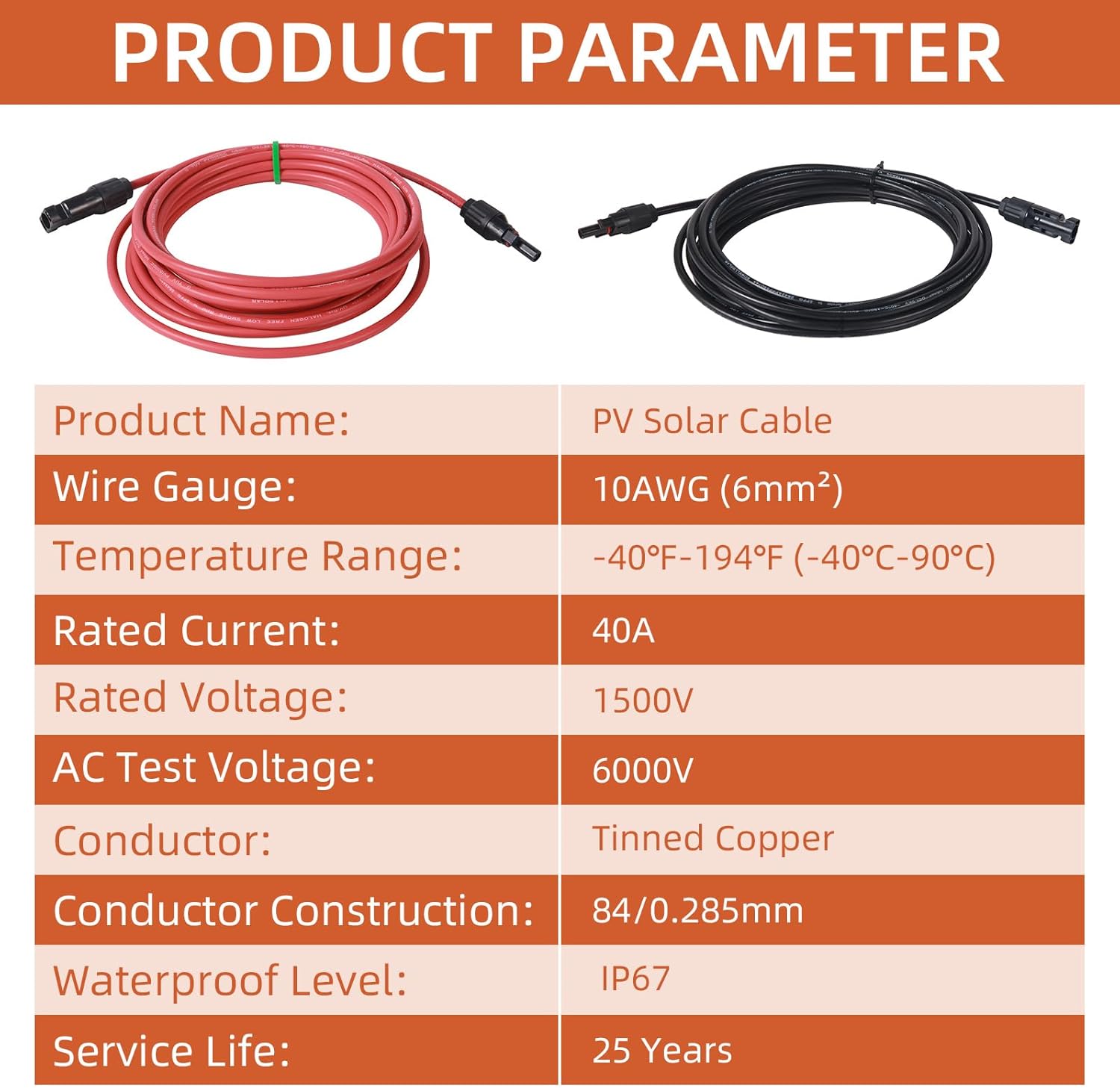 100FT 10AWG Solar Panel Extension Cable, Solar Cable Wire with Female and Male Connectors for Home, Boat, and RV Solar Panels (Red + Black)