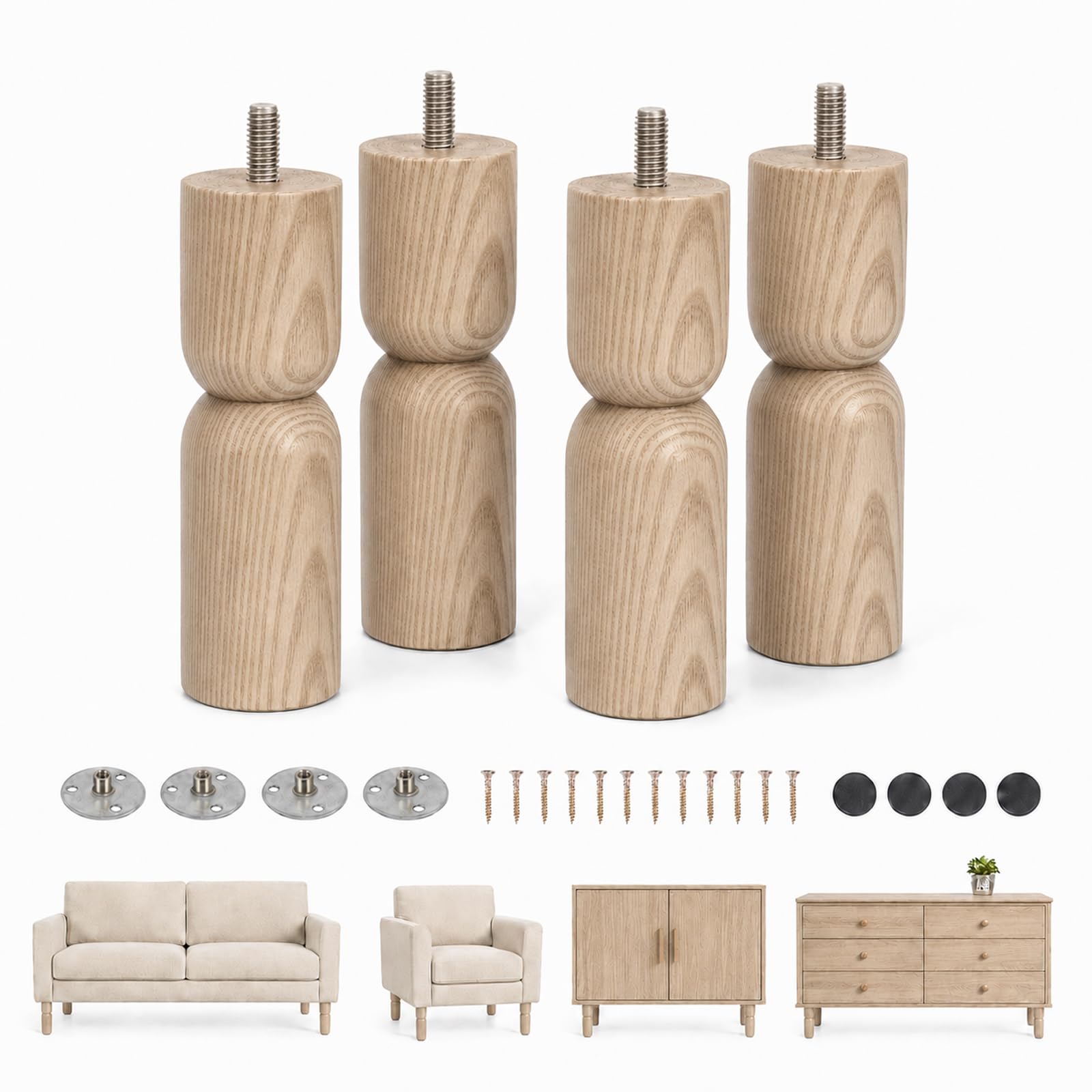 Patas cilíndricas de madera para muebles en color natural y pack de 4 unidades