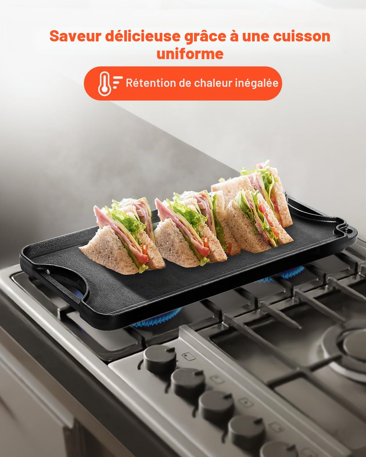 VEVOR Plaque de cuisson réversible en fonte, 492x218 mm, plaque-gril pré-assaisonnée portable avec poignée, poêle à griller pour brûleur de cuisinière intérieur/extérieur, gaz, barbecue camping, noir