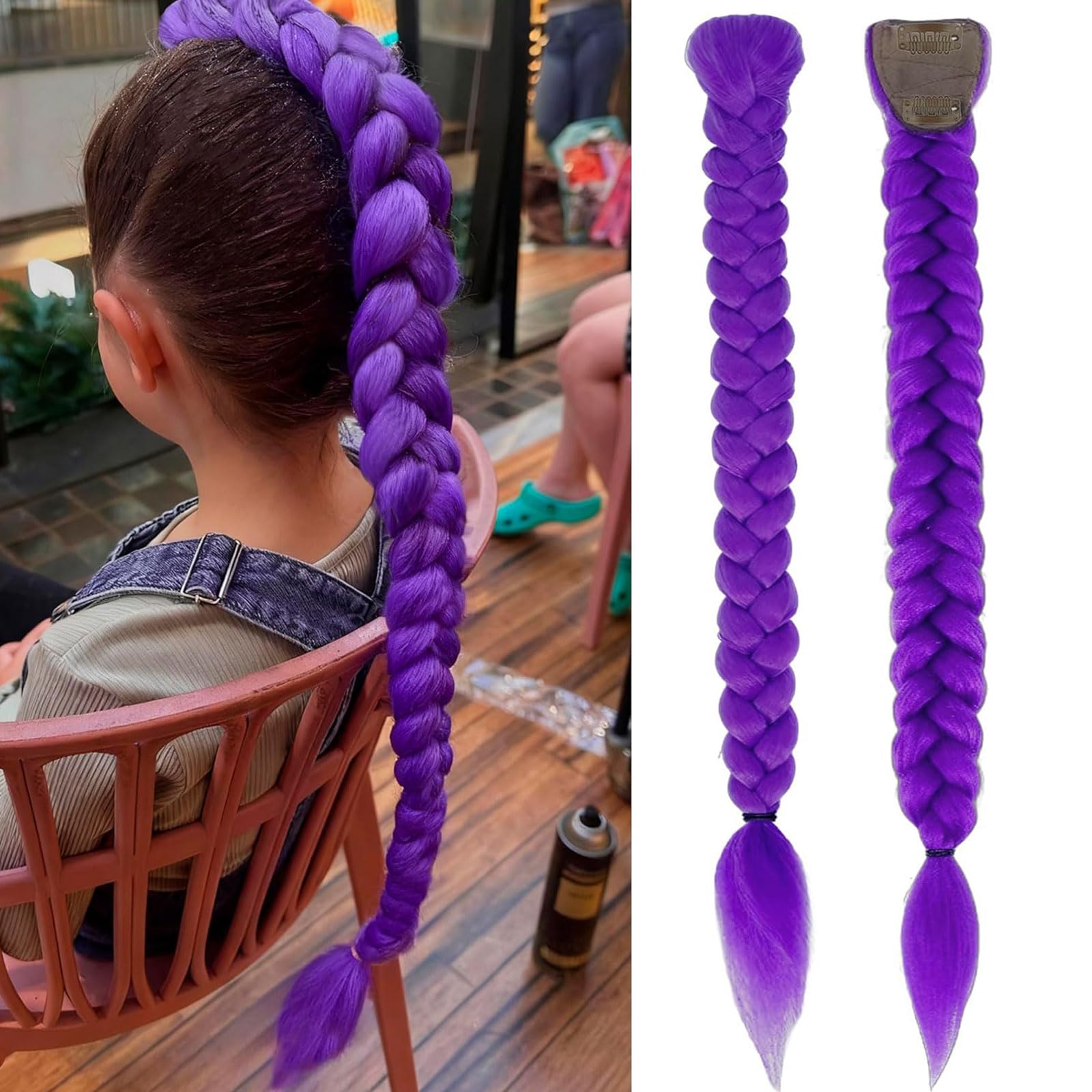 Pinza Trenza Postiza Morada Oscura, Trenzado Cabello Pre-estirado para Fiestas, Cosplay, Halloween, Escenario